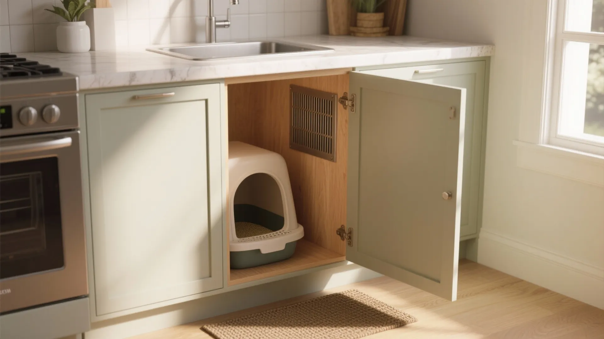 Light green kitchen cabinet with an open door showing a cat litter box hidden inside