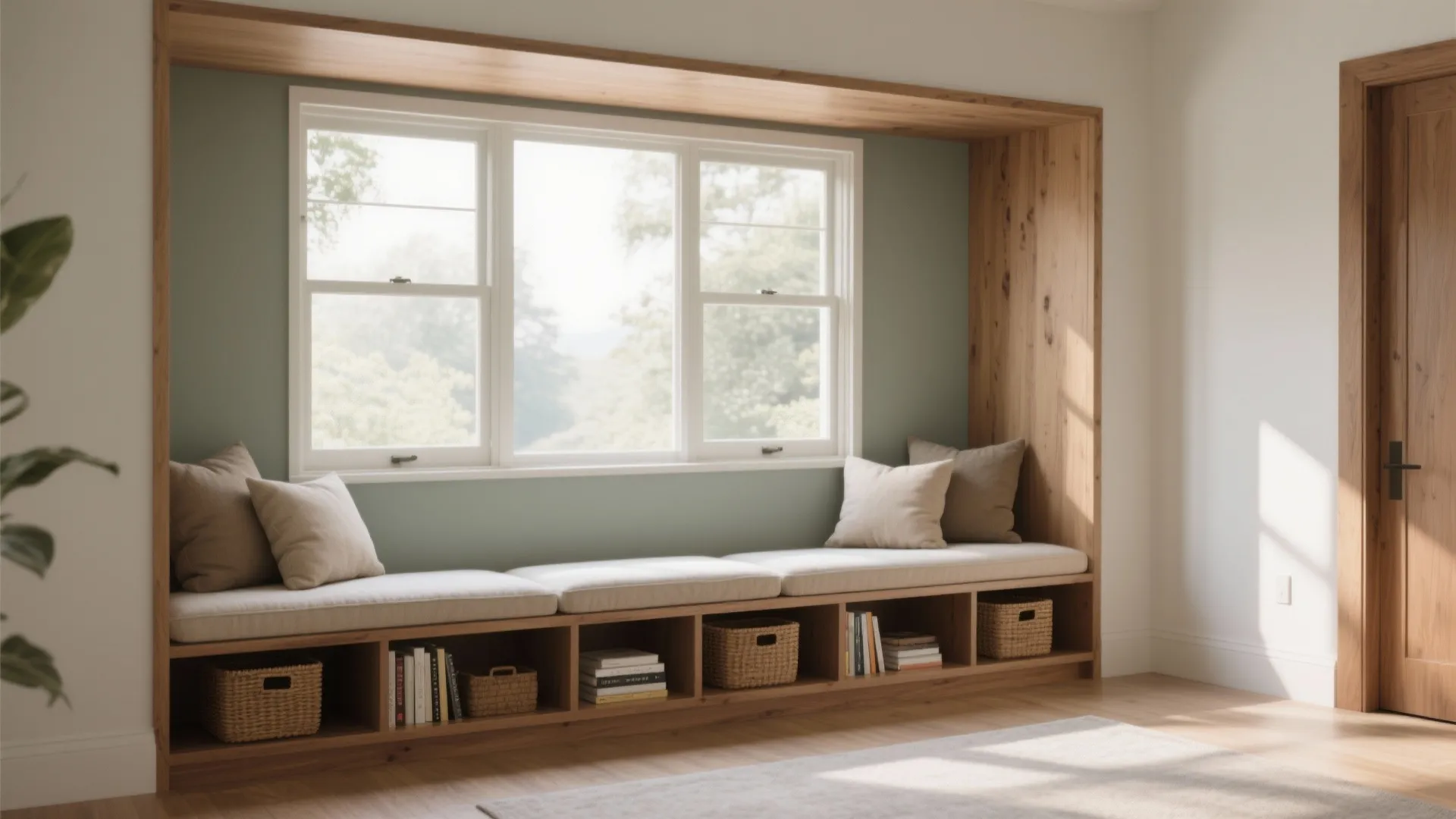 Built in window seat with wood frame cushions pillows and storage cubbies for books baskets