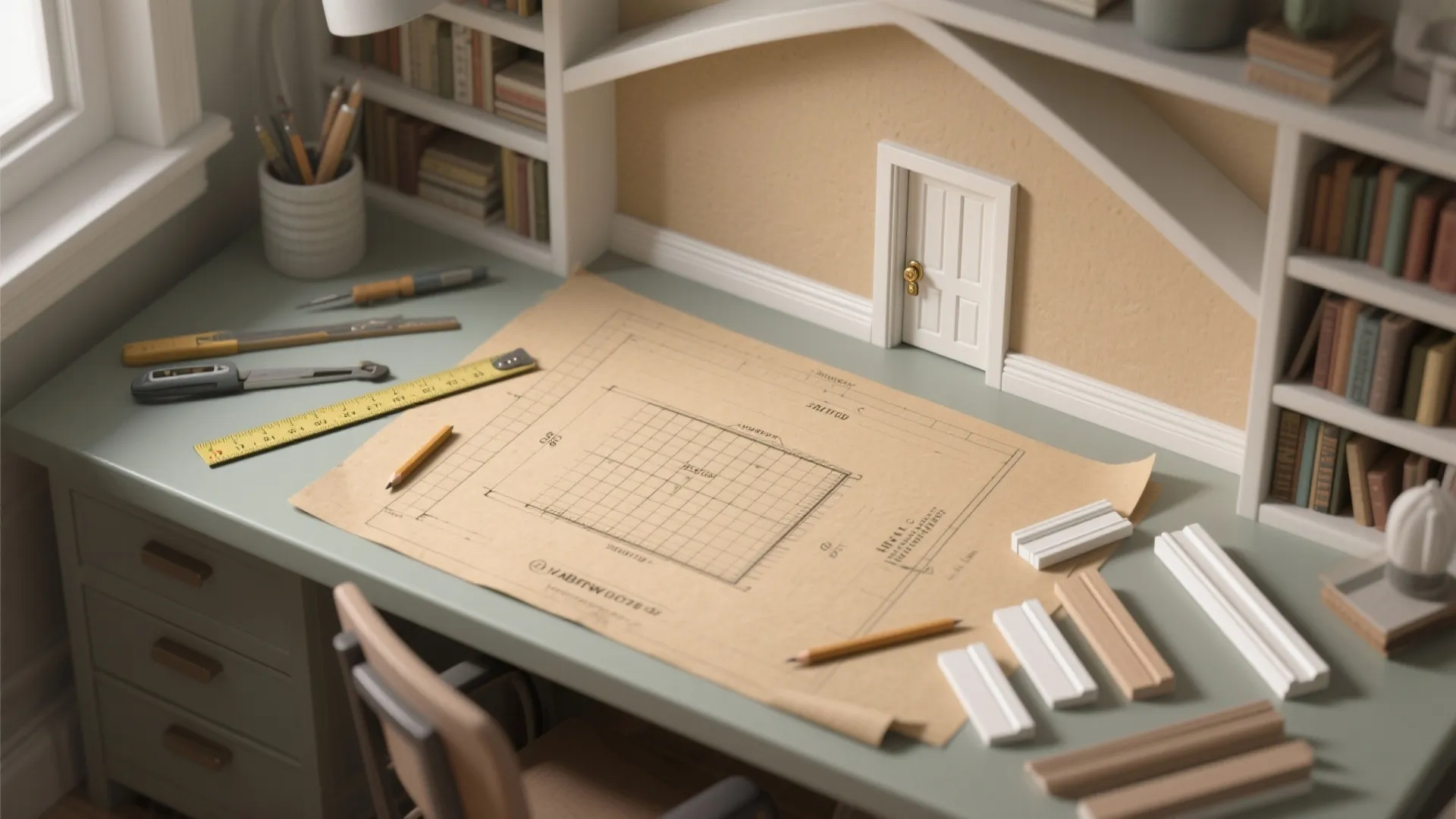 Desk with floor plan drawing, ruler, pencils, wall panels, and miniature door on the wall