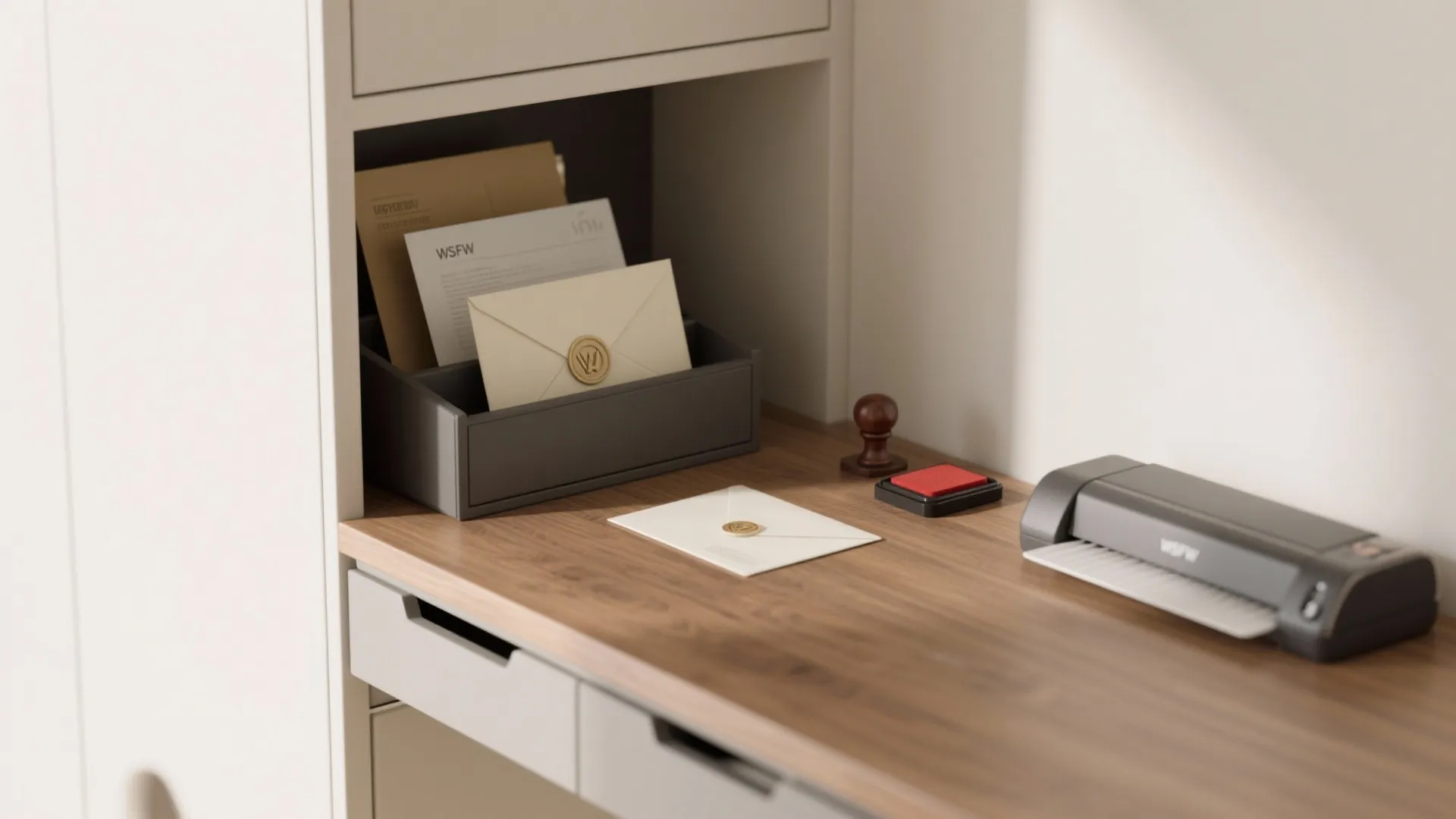 Built-in wooden desk nook with envelopes in a grey tray and a small black printer device