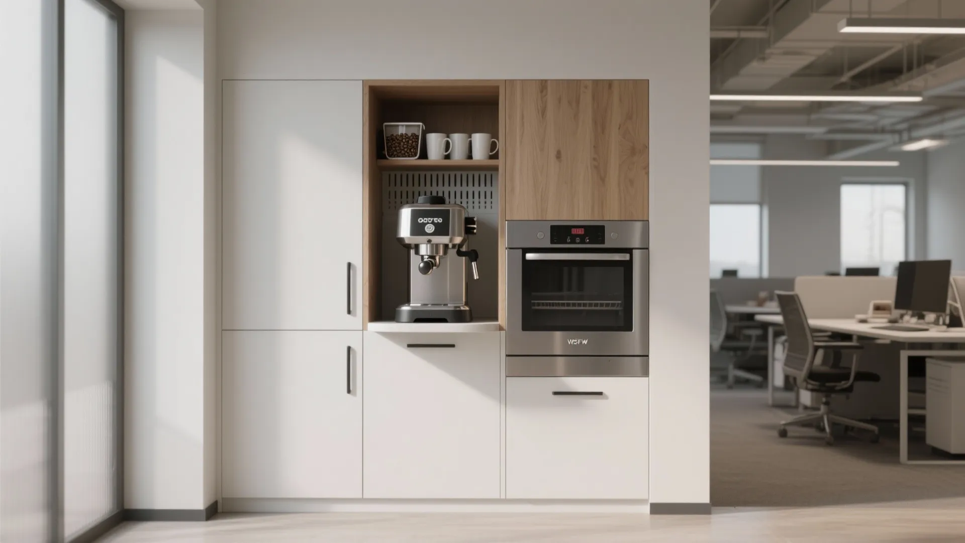 Modern office kitchen cabinet with built in coffee machine oven and white and wood panels