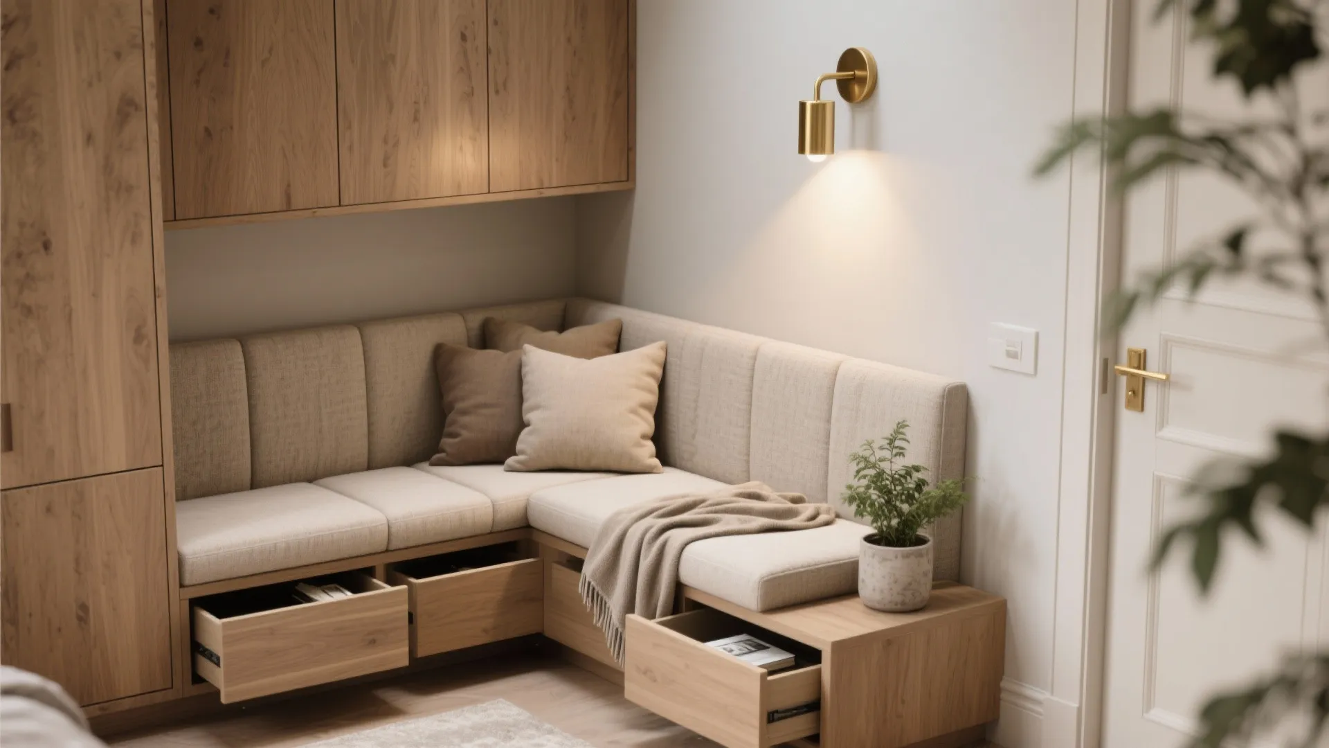 Built in wooden seating nook with storage drawers beige cushions pillows gold wall light plant