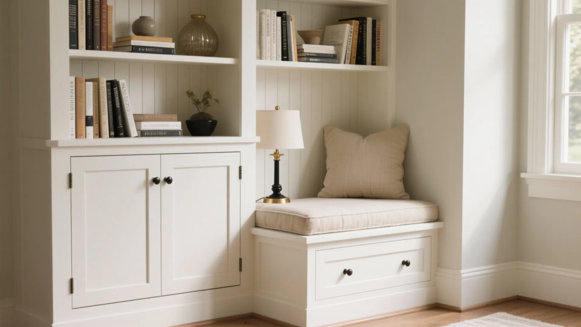 White built-in cabinet with bookshelves a sitting bench small table lamp and a comfortable pillow