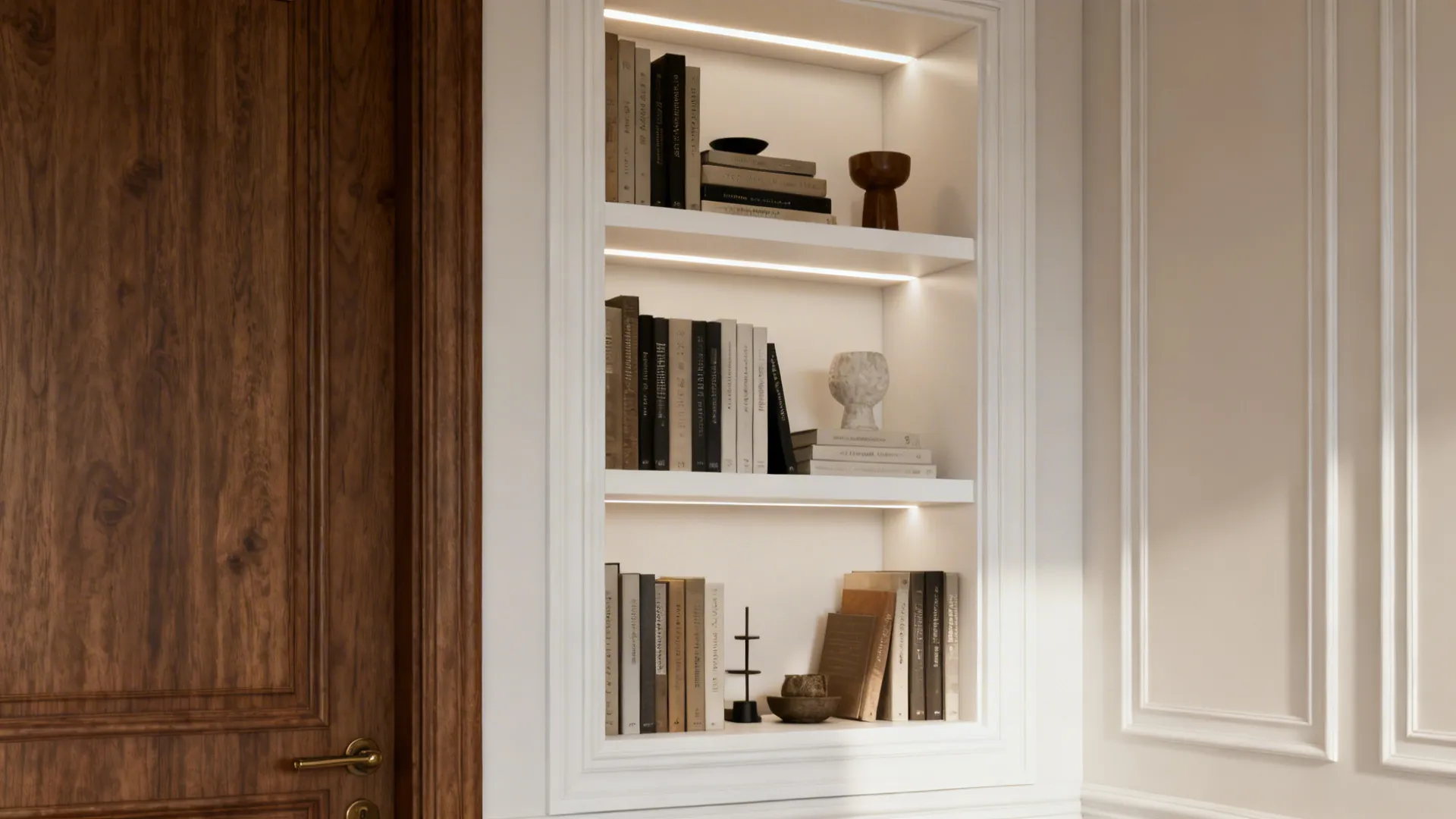 Built in wall shelves with light strips holding books and decor next to wooden door