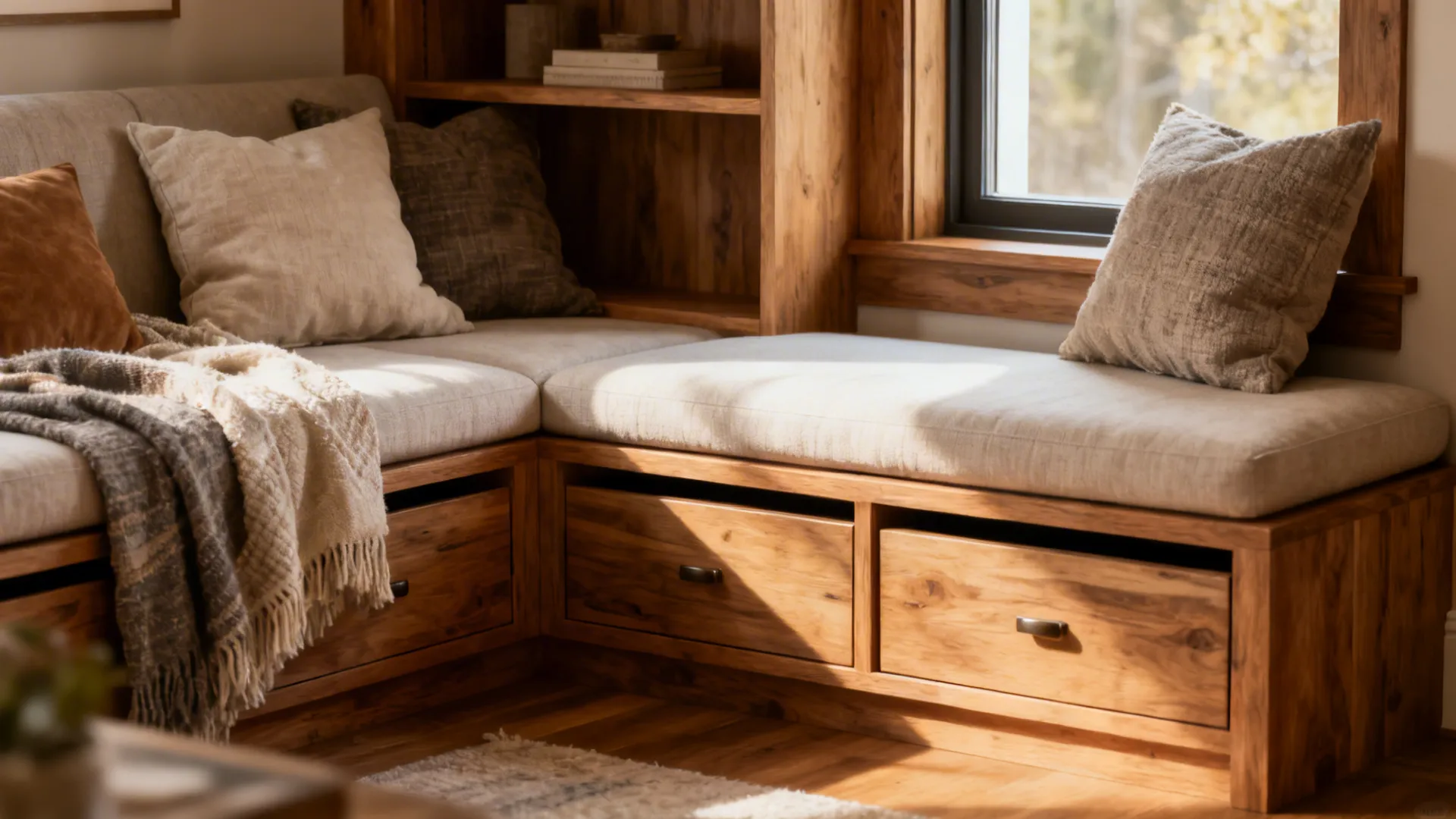 Built-in banquette with storage and cushions in the corner of an L-shaped living room.