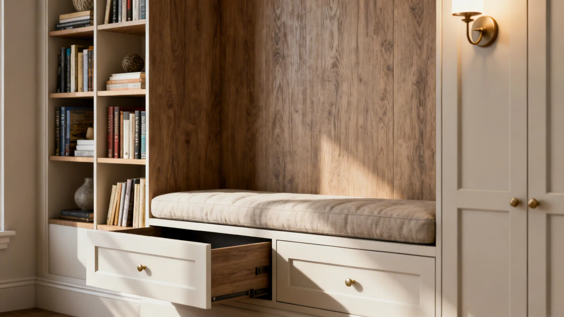 Built-in bench with shelving and hidden drawers creating efficient storage in a small living room