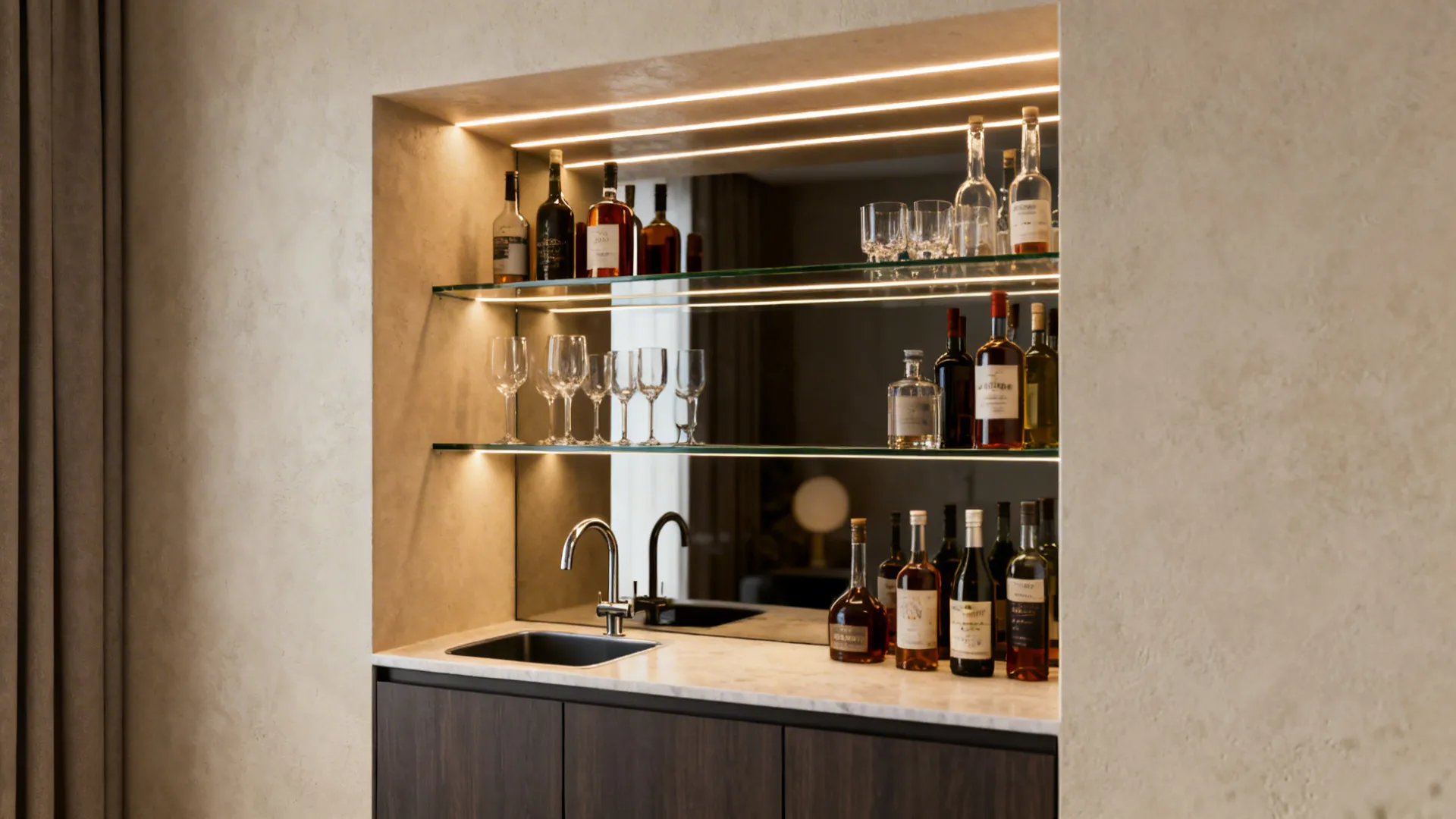 Recessed wet bar with glass shelves, LED strips and a small sink in a living room niche.