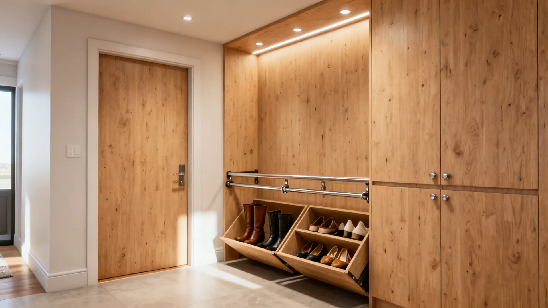 Built-in entry nook with pull-down rails and tilt-out shoe compartments for boots and flats