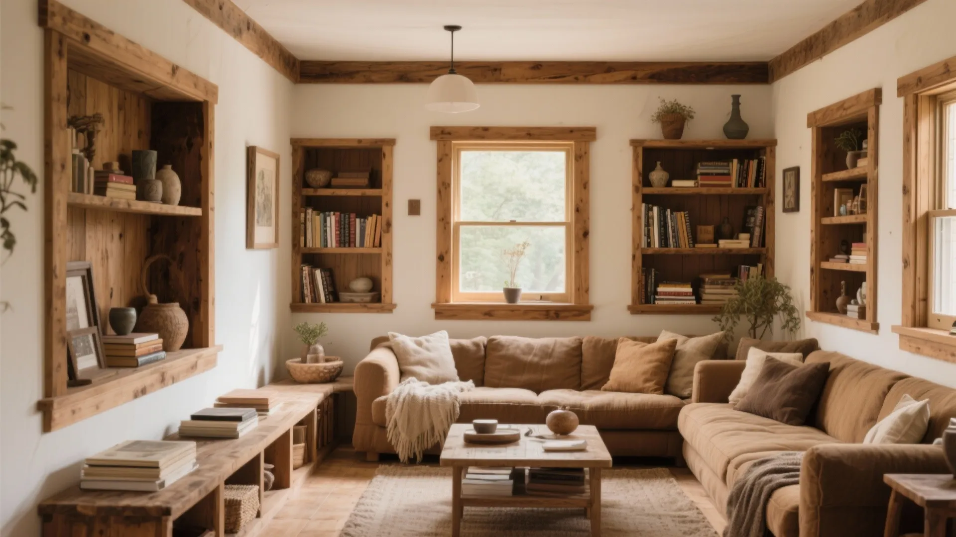 Cozy living room featuring brown sofa wooden wall shelves window and a simple ceiling light