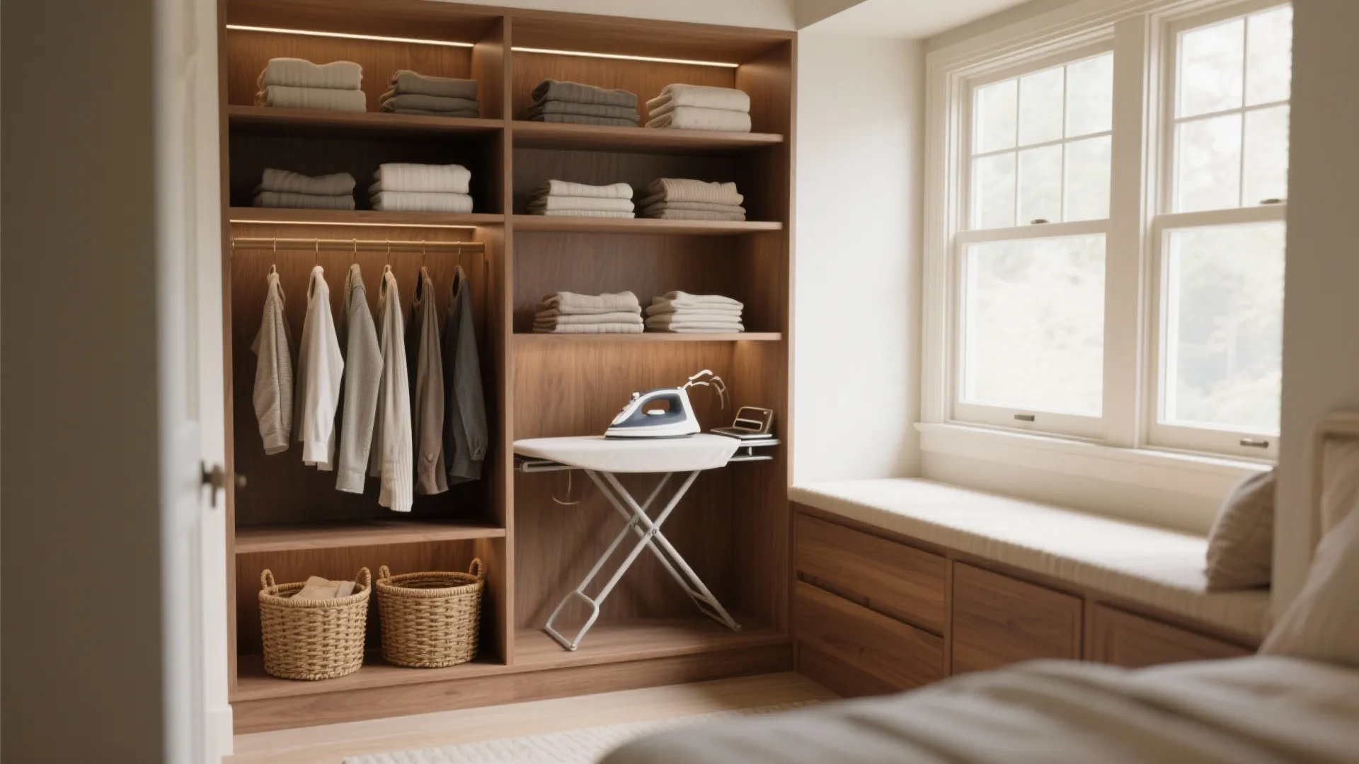 Wooden walk in closet with organized clothes folded towels baskets and an ironing board setup