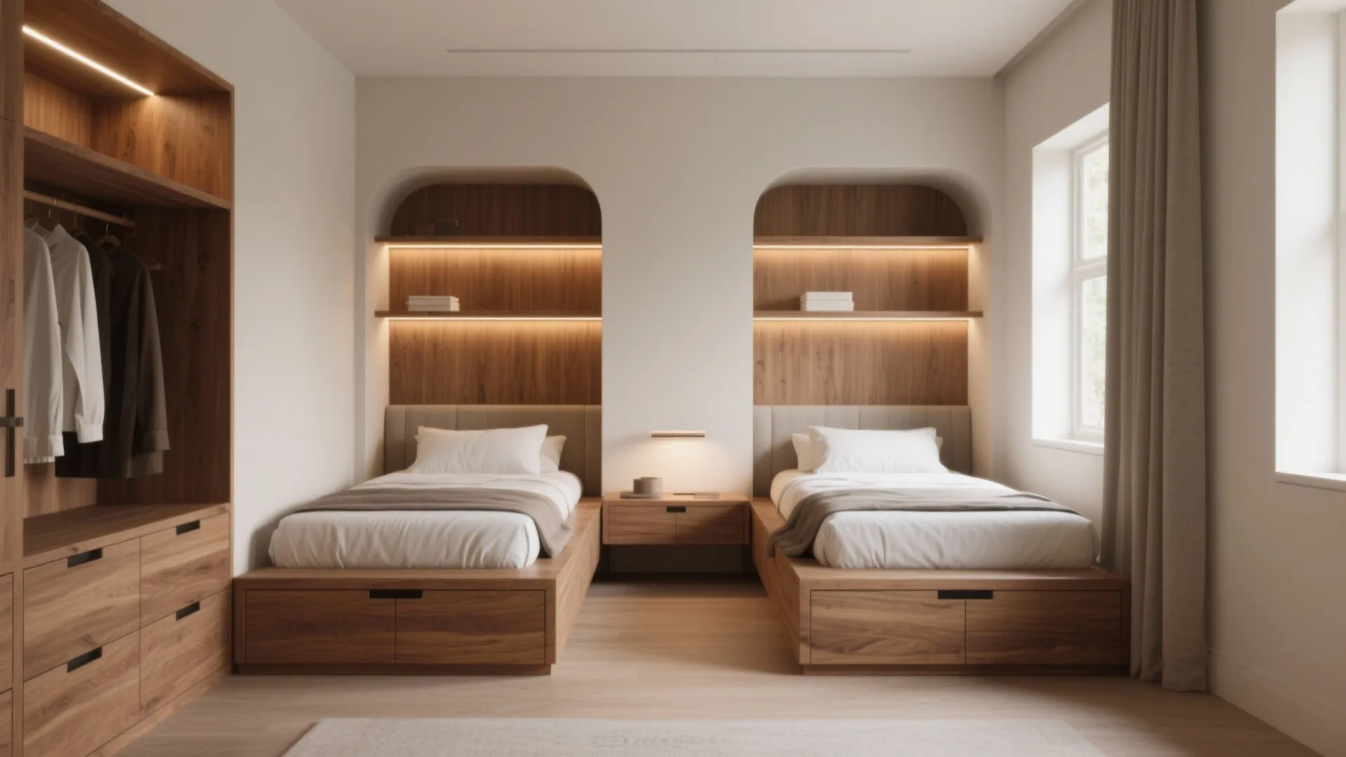 5. Built-in nook twins with drawers and shelving
