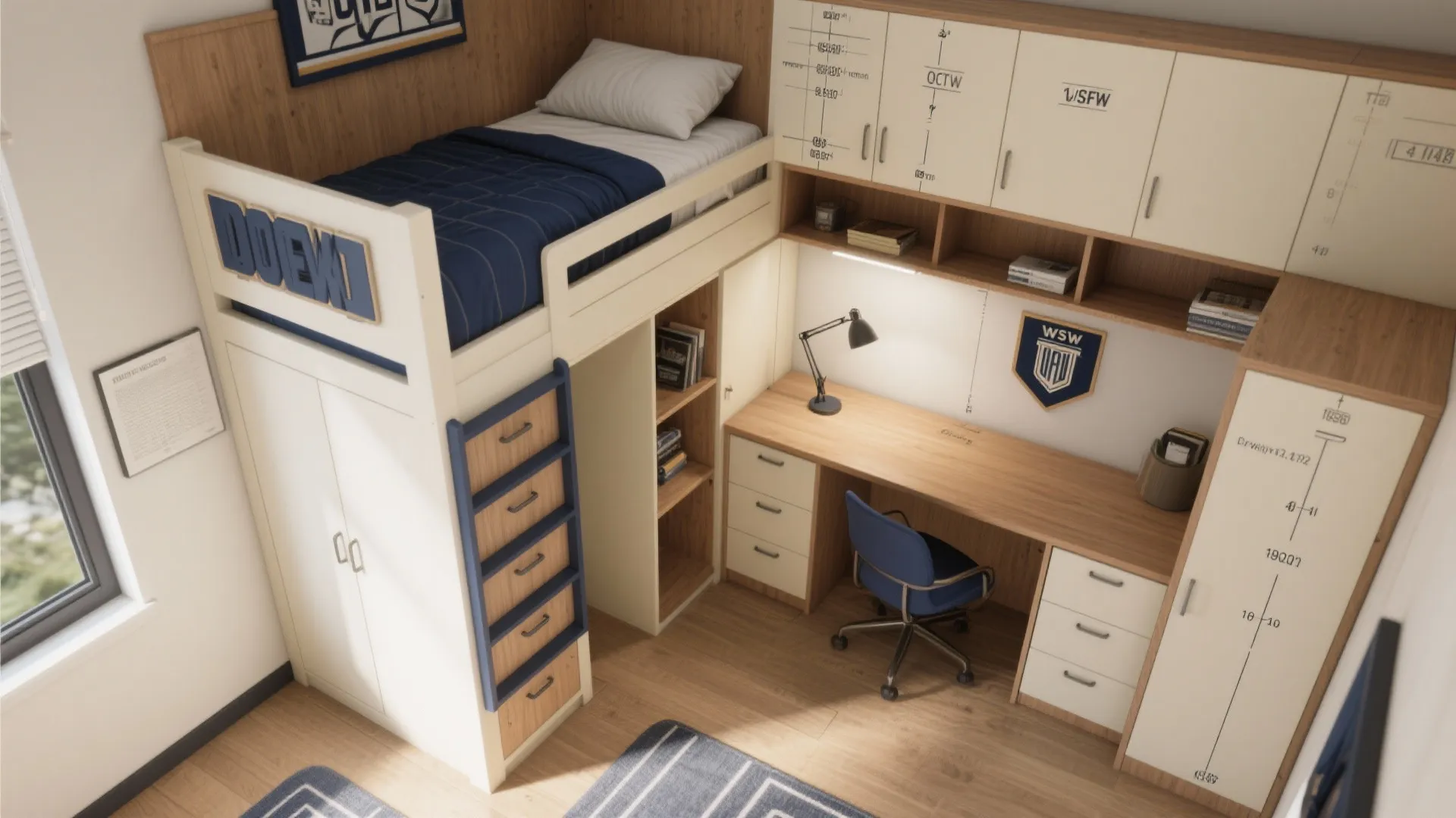 Modern student bedroom layout with loft bed study desk blue chair and white storage cabinets