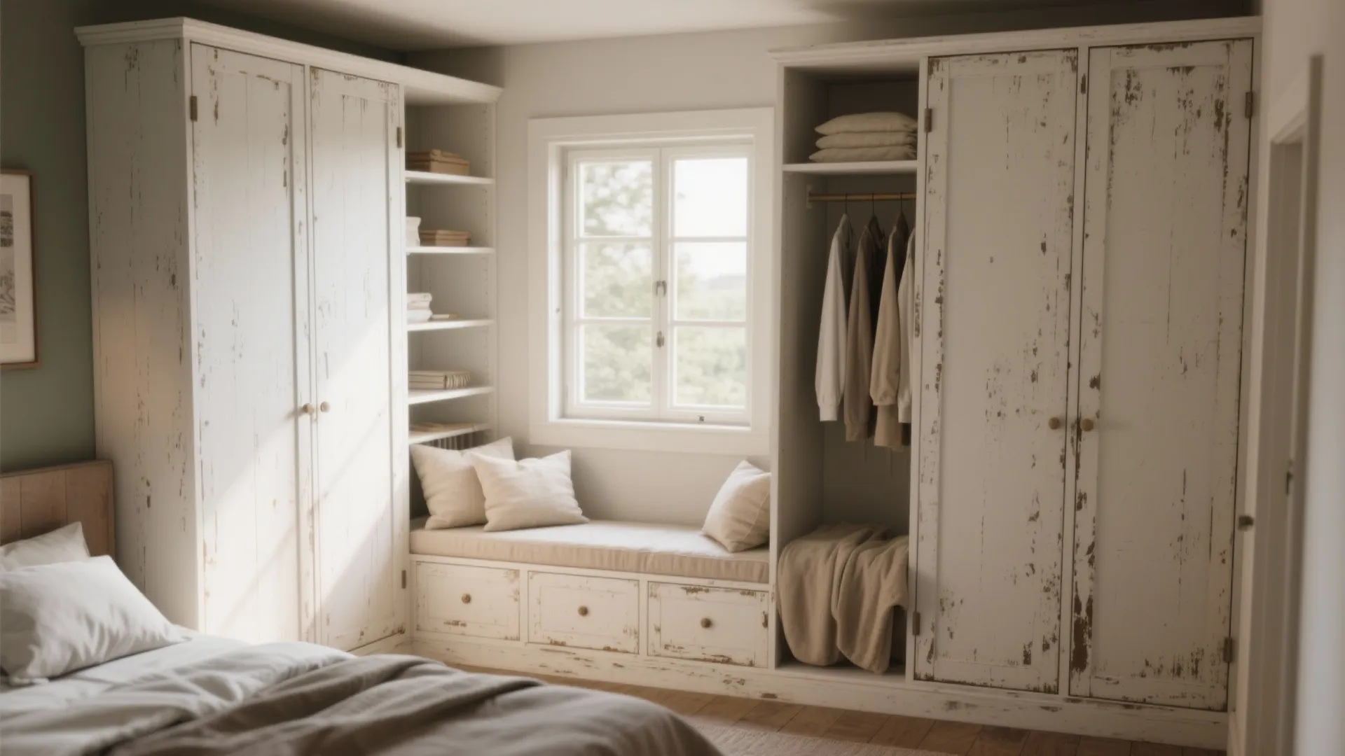 Small bedroom with built-in distressed white wardrobes and a cozy window seat