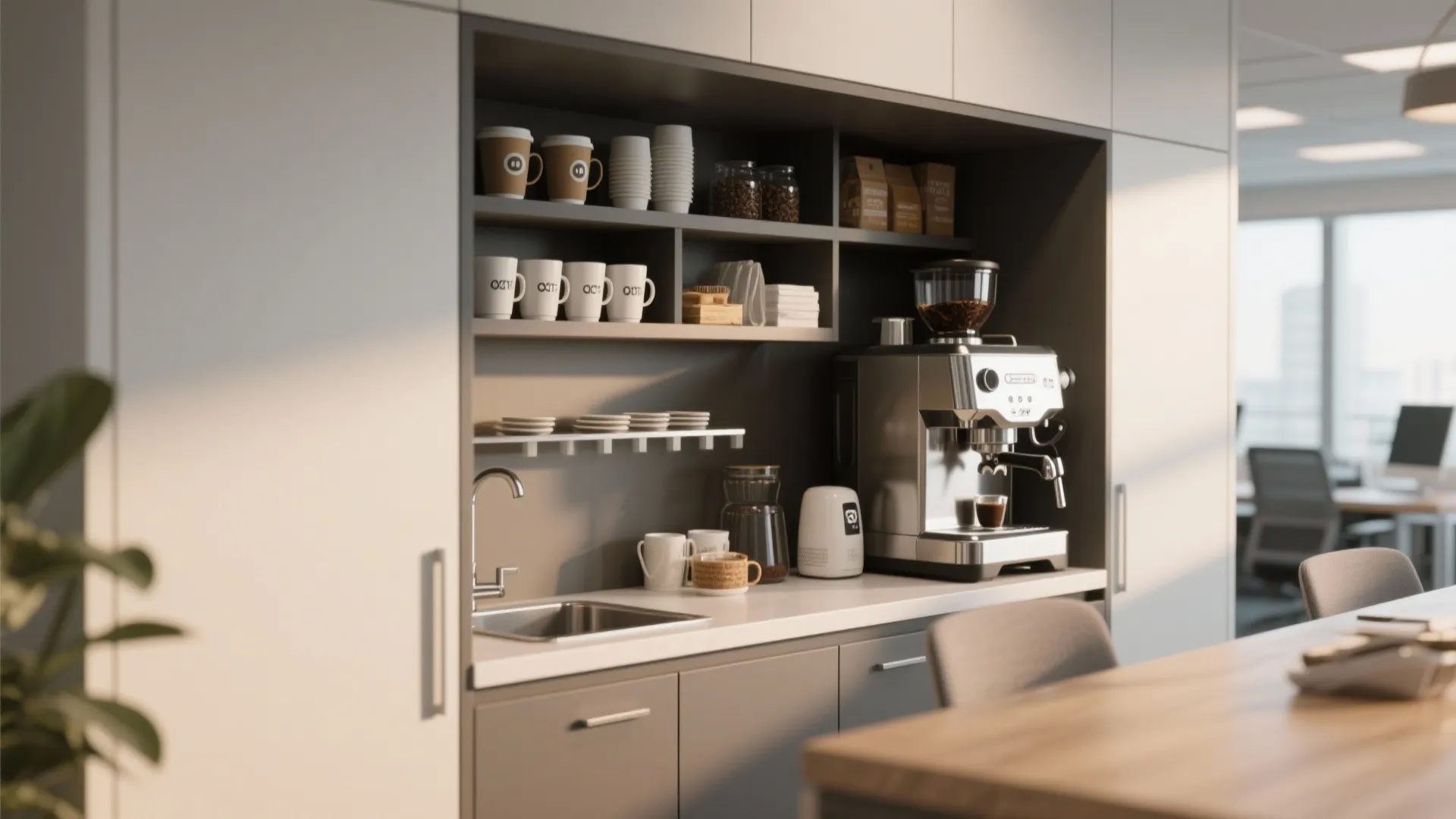 Built-in office coffee station with espresso machine, white mugs, small sink, and grey storage cabinets