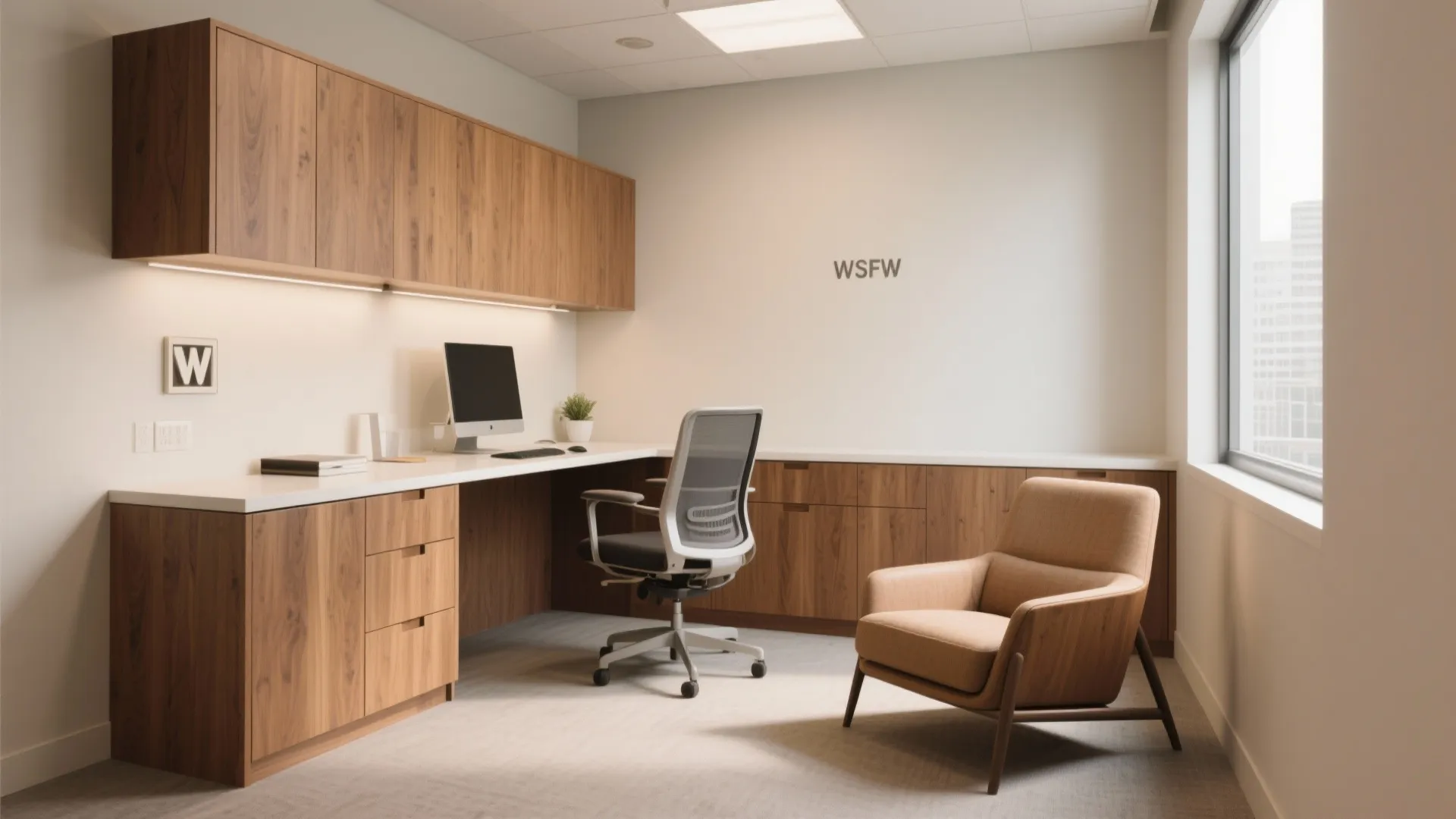 Modern office workspace with wooden cabinets white desk computer chair armchair and large side window