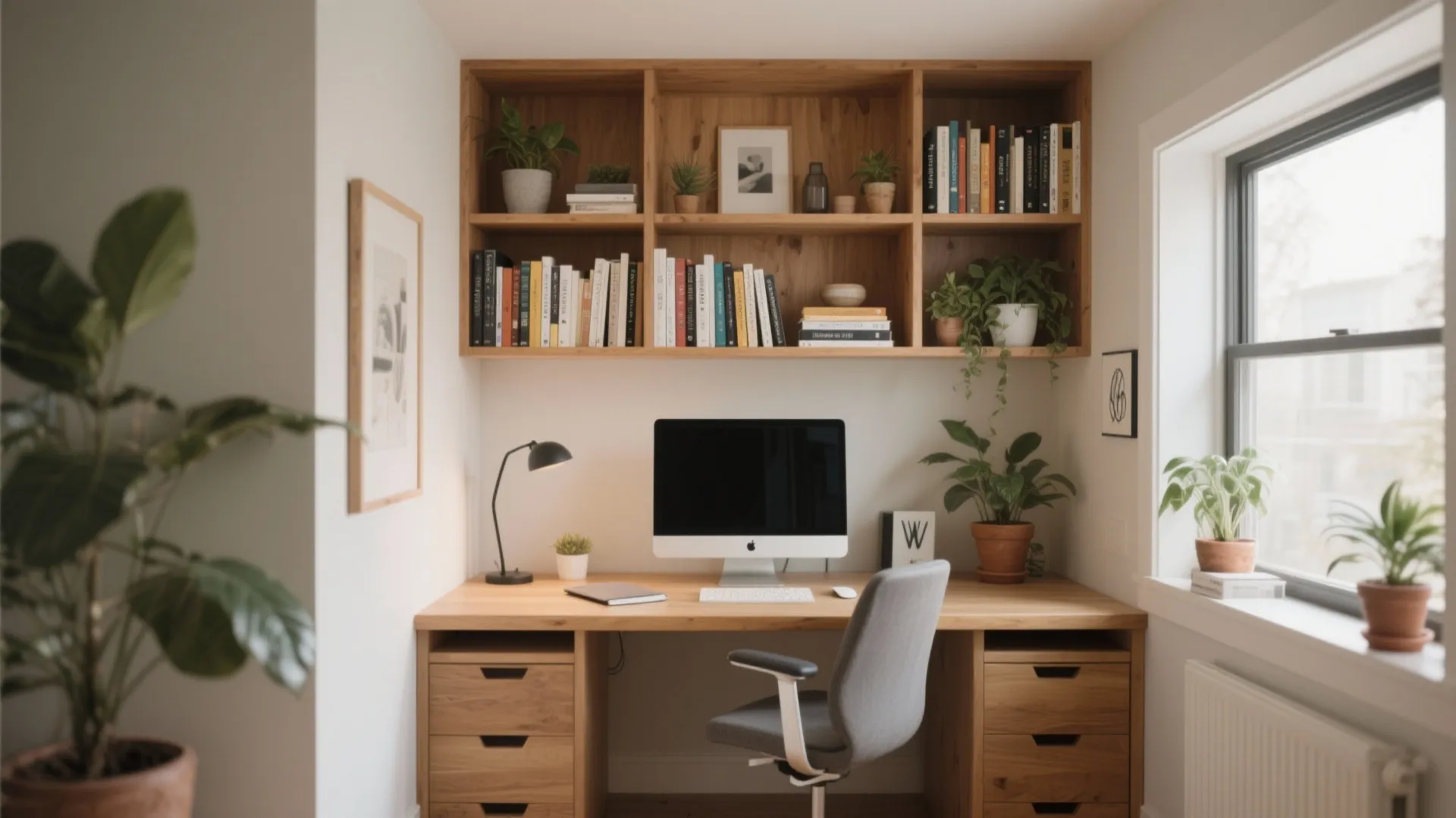 2. Built-In Shelving Above the Desk