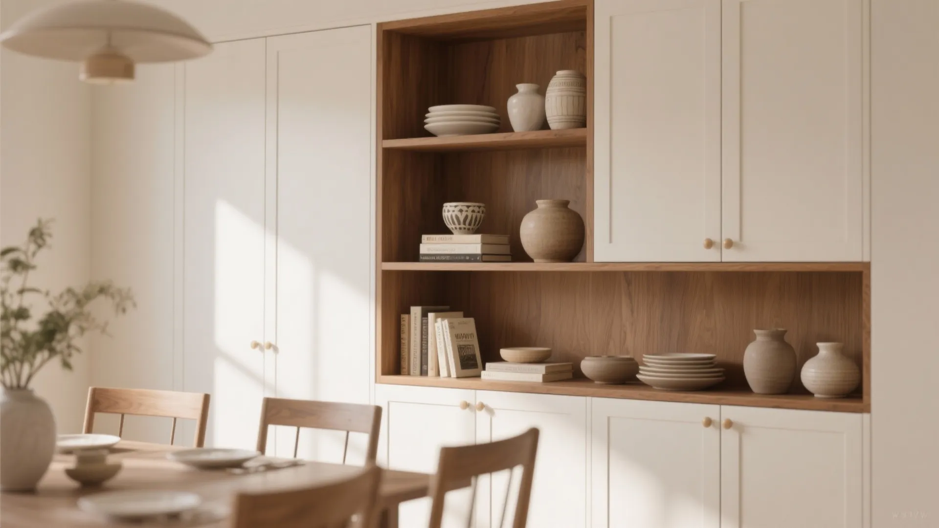 Built-in dining room cabinets with open shelves and decor