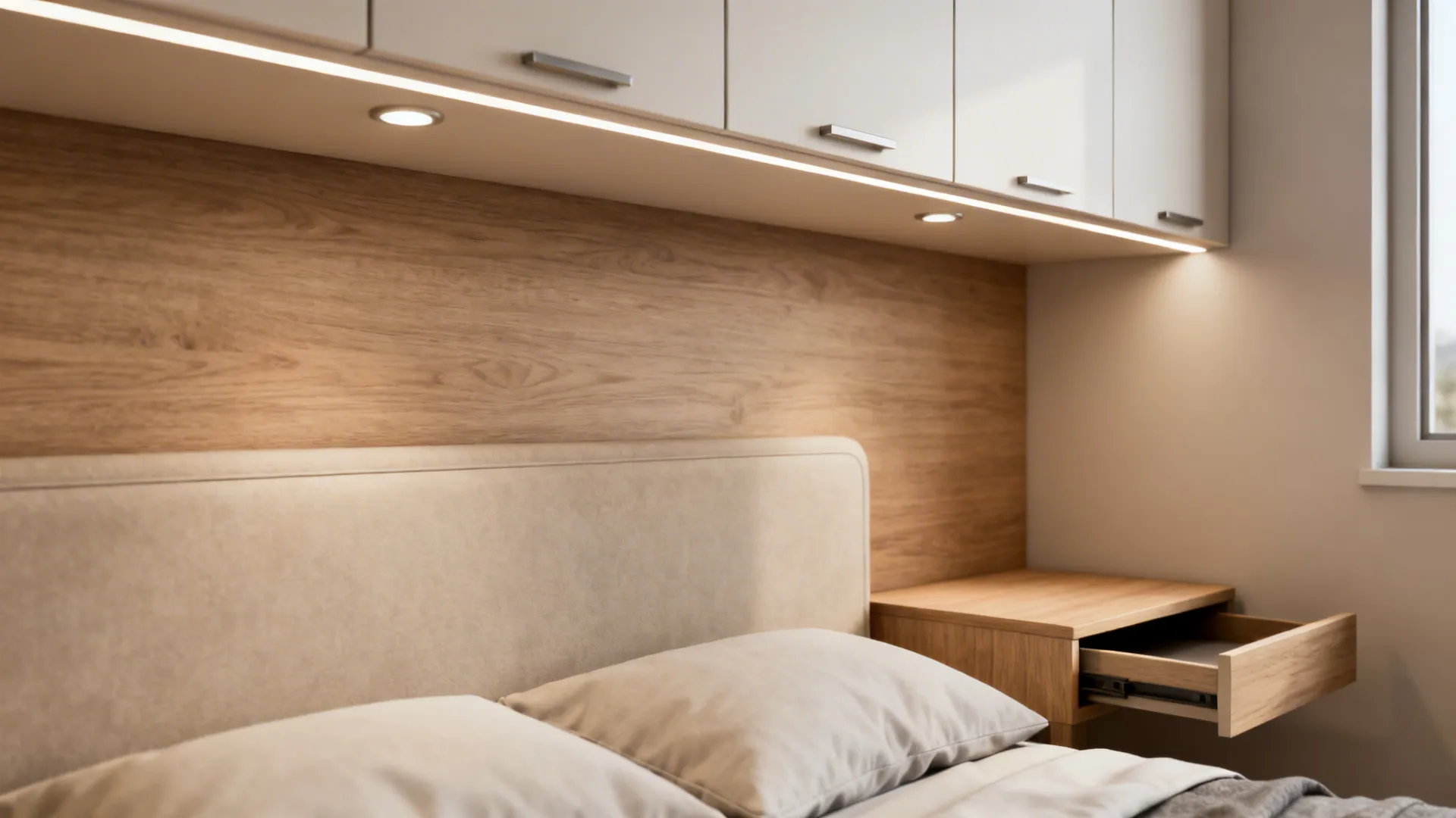 White overhead cabinets with light strip above bed and wooden side table with one open drawer