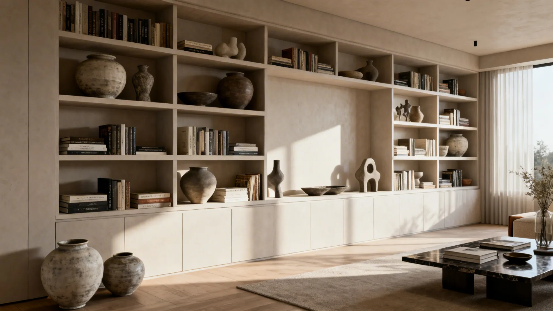 Built-in floor-to-ceiling shelving displaying oversized ceramics and books for a calm, artful wall.