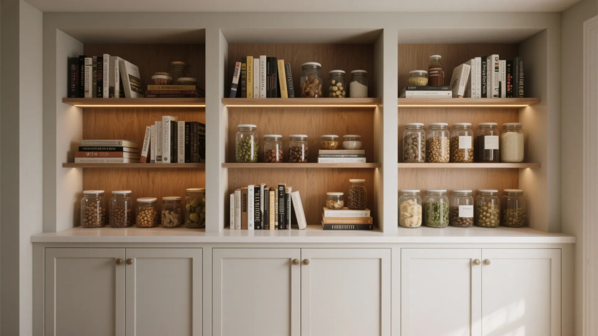 Built-in kitchen storage cabinet with wooden shelves holding books and glass jars with light fixture