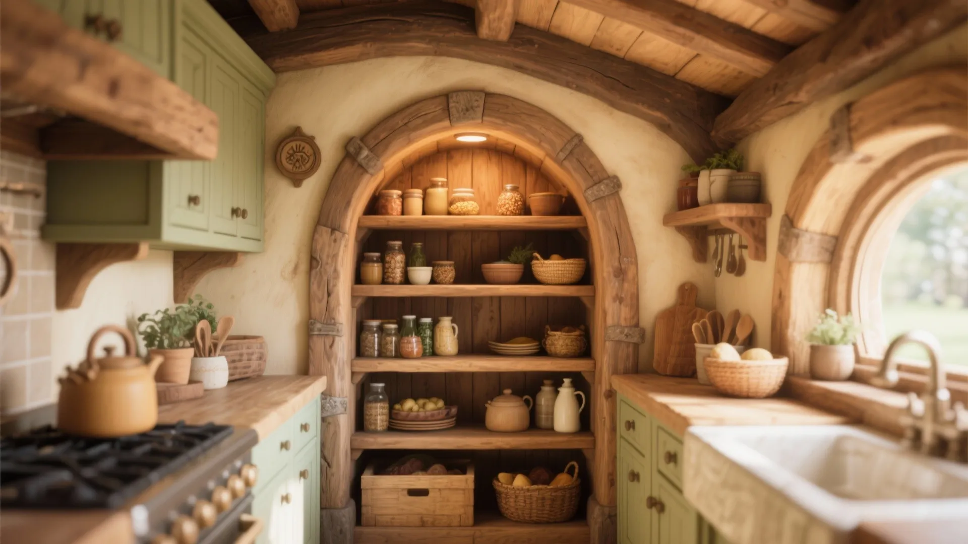 Rustic wooden kitchen with arched pantry shelves storing jars and green cabinets with wood counters