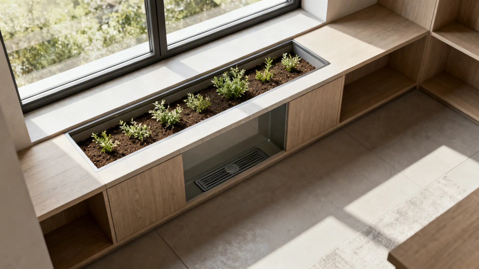 Shallow built-in planter integrated into a window seat with low plants and discreet drainage details.