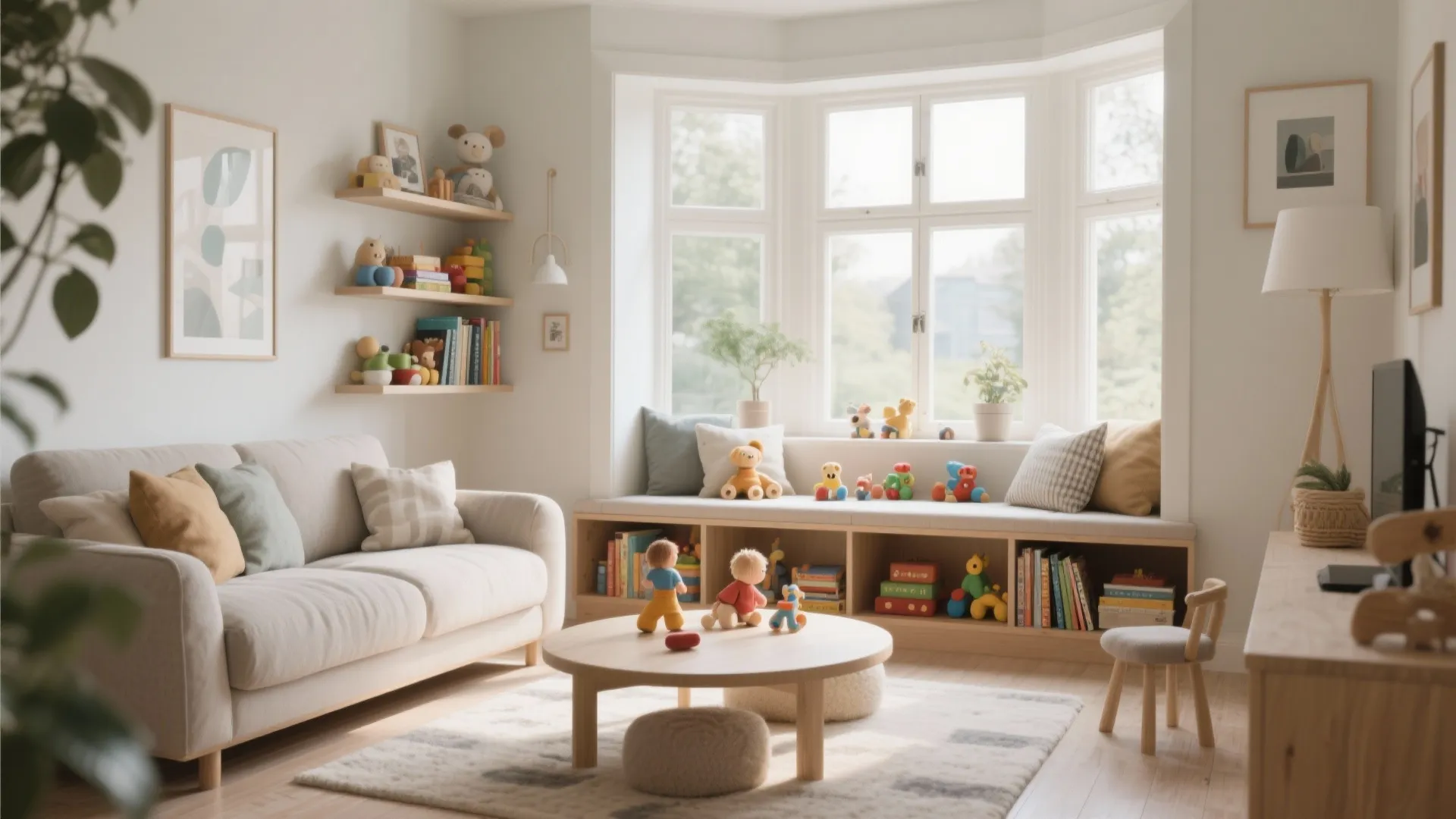 Bay window play nook with built-in bench and toy shelves