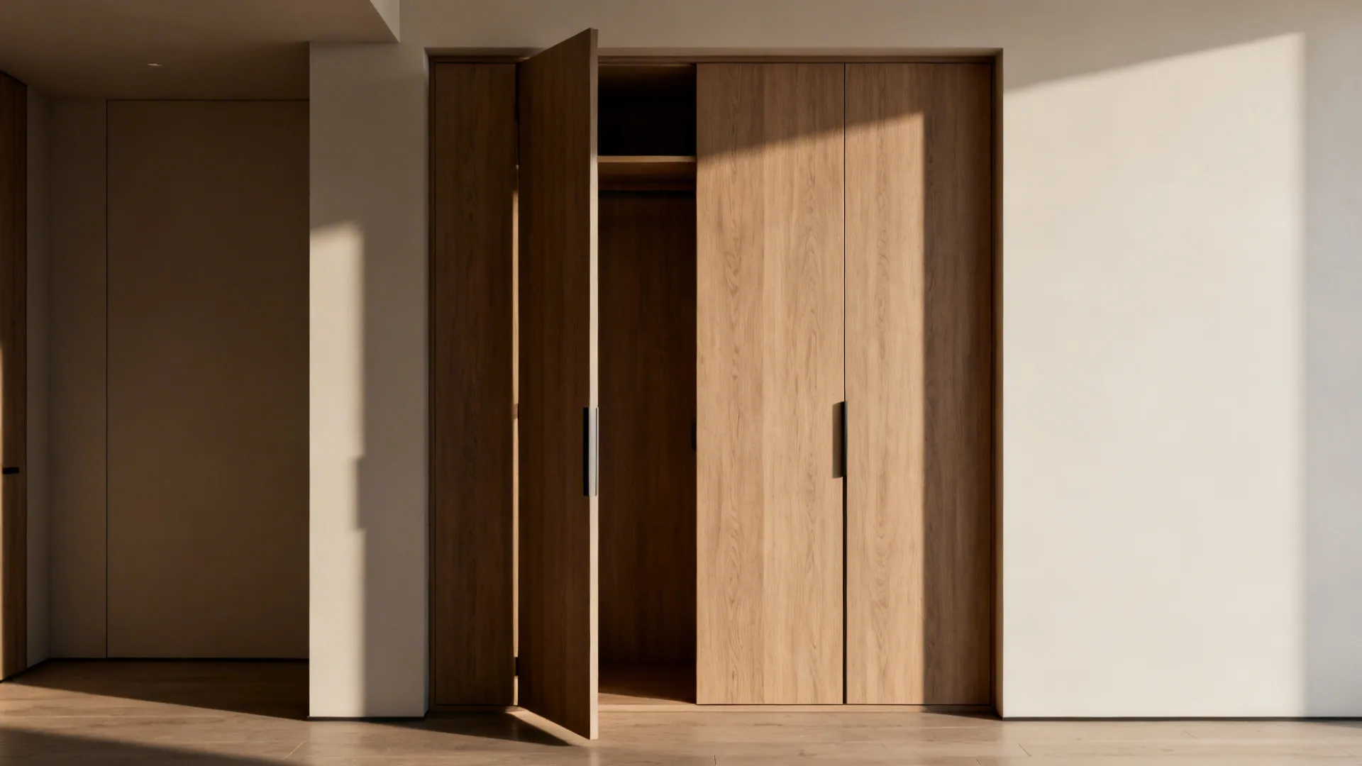 Built-in wardrobe with pocket doors recessed into a bedroom alcove, clean tailored finish and vertical storage.