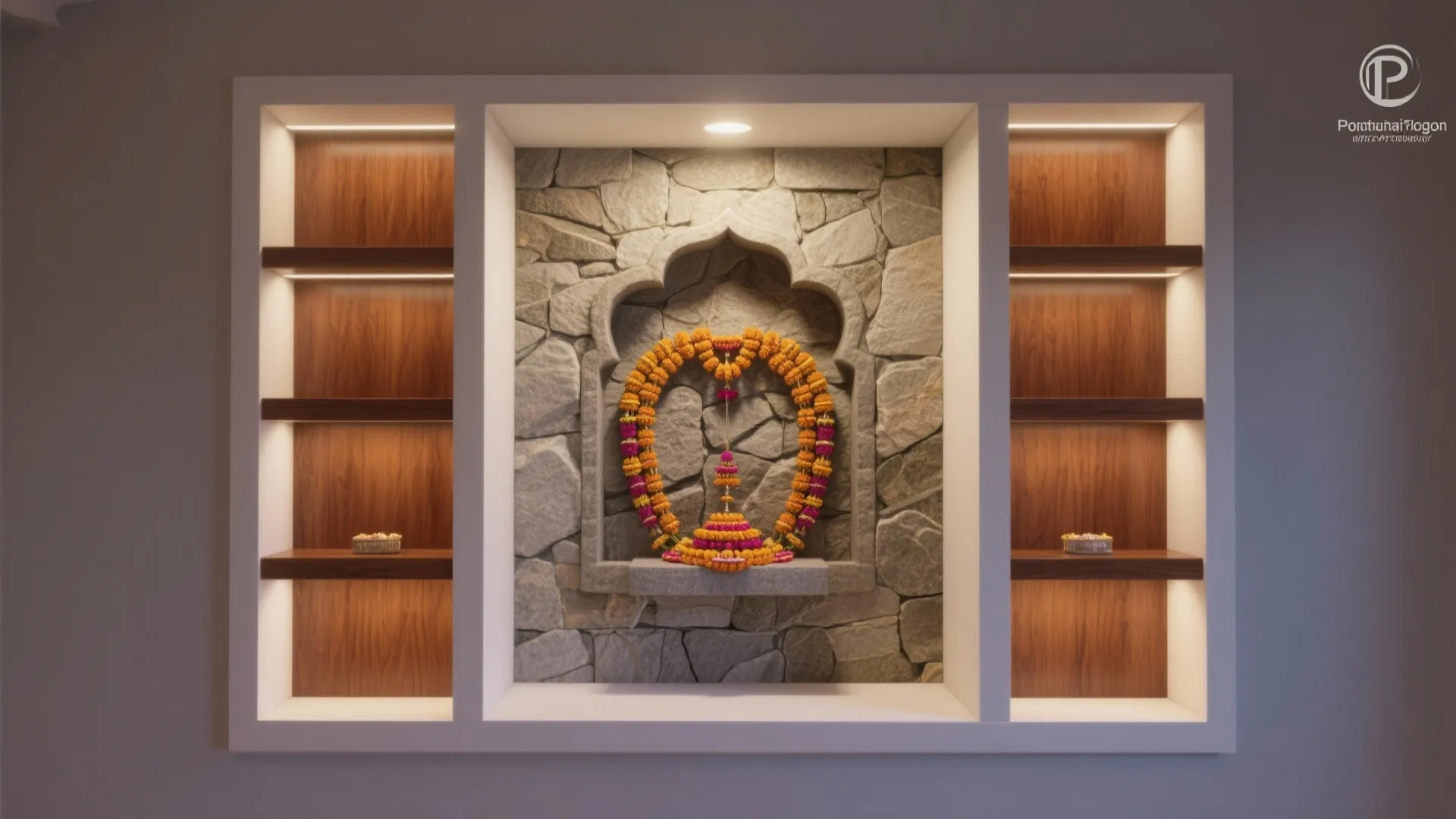 Built-in pooja niche with stone-look back panel and wood shelves framed neatly in a living room recess.