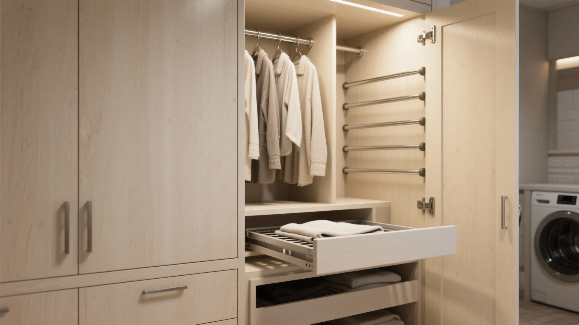 5. Built-in cabinet with pull-out rods and fold-down shelf