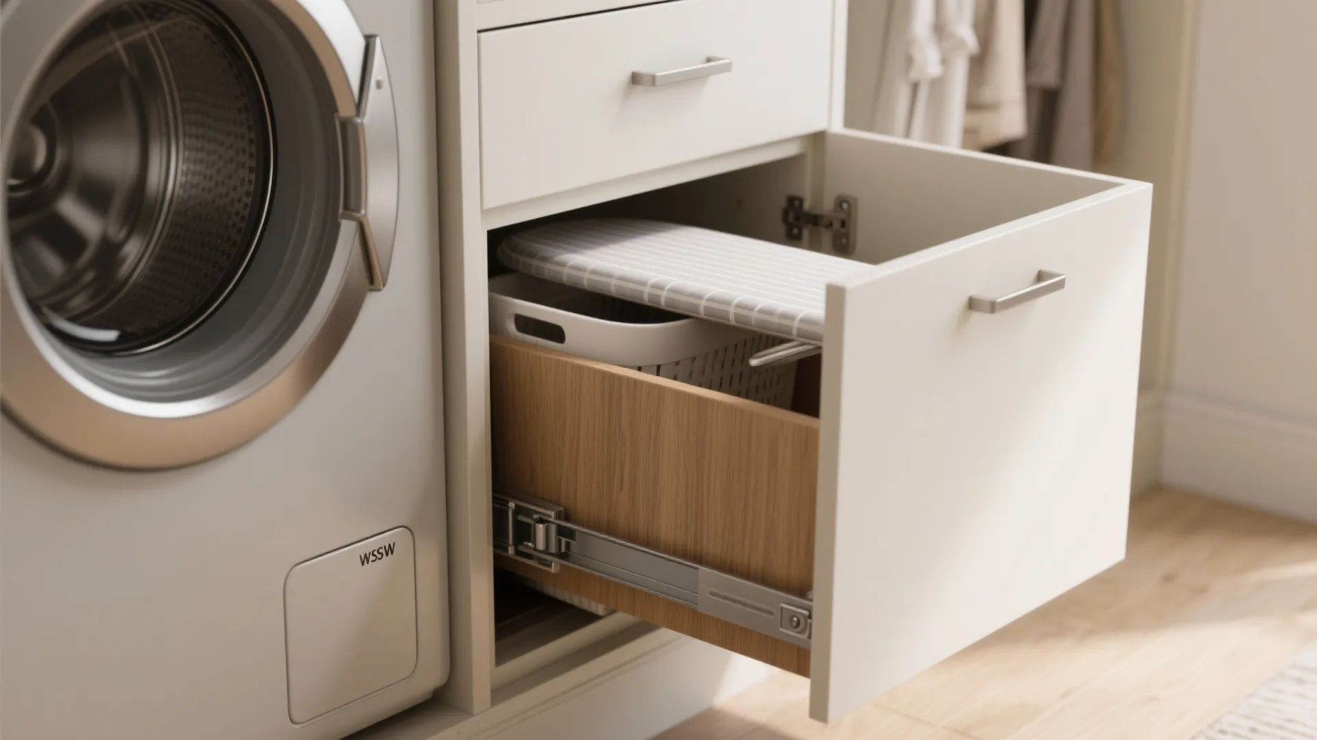 2. Built-in pulls: hampers, ironing boards, and hidden bins