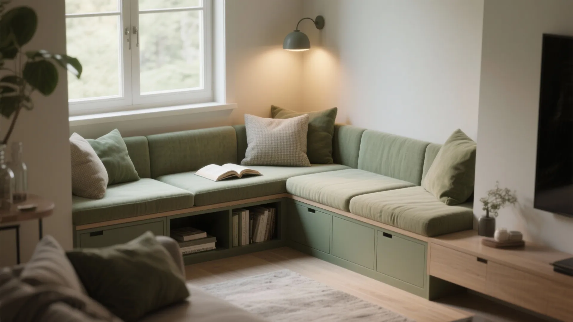 Green corner reading nook with built in bench sofa pillows wall light window and bookshelf