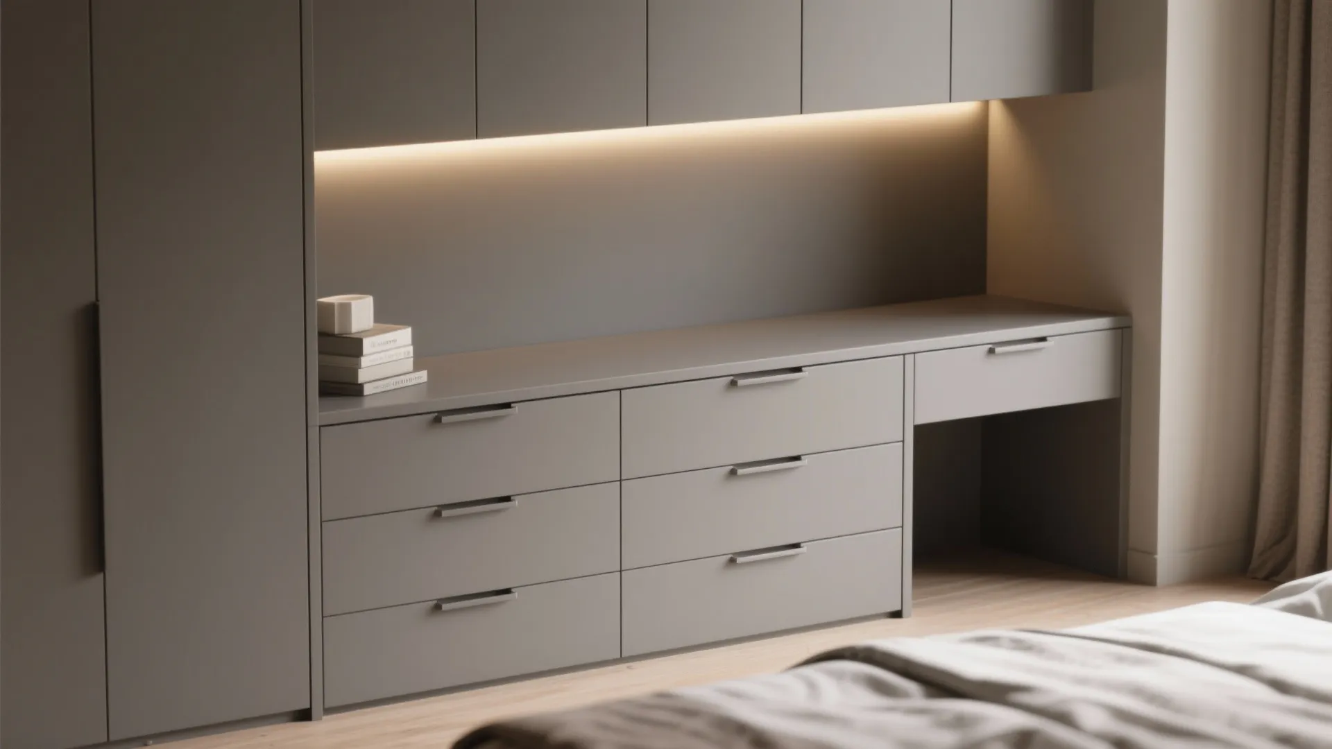 4. Built-in grey dresser with recessed handles