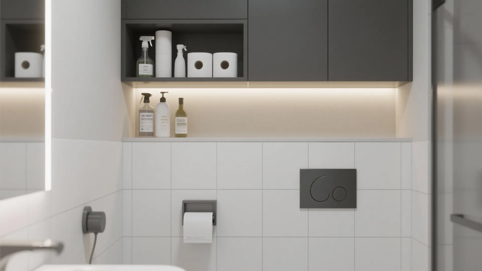 Modern bathroom with dark grey wall cabinet above white tiles featuring toilet paper and soap