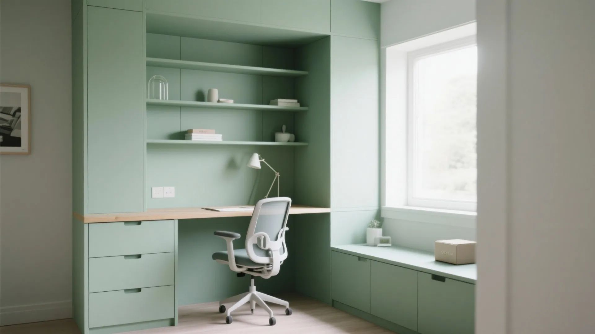 Built in green desk with shelves and a white chair placed next to a window