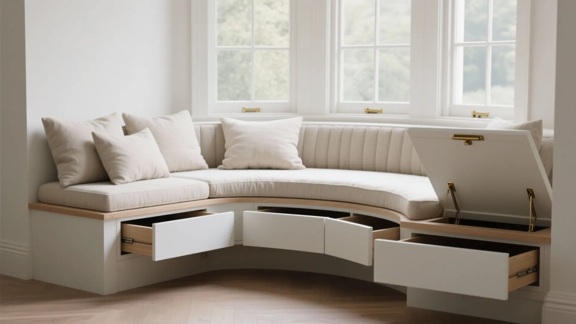 Built-in window seat with cream cushions decorative pillows storage drawers and a hidden top storage