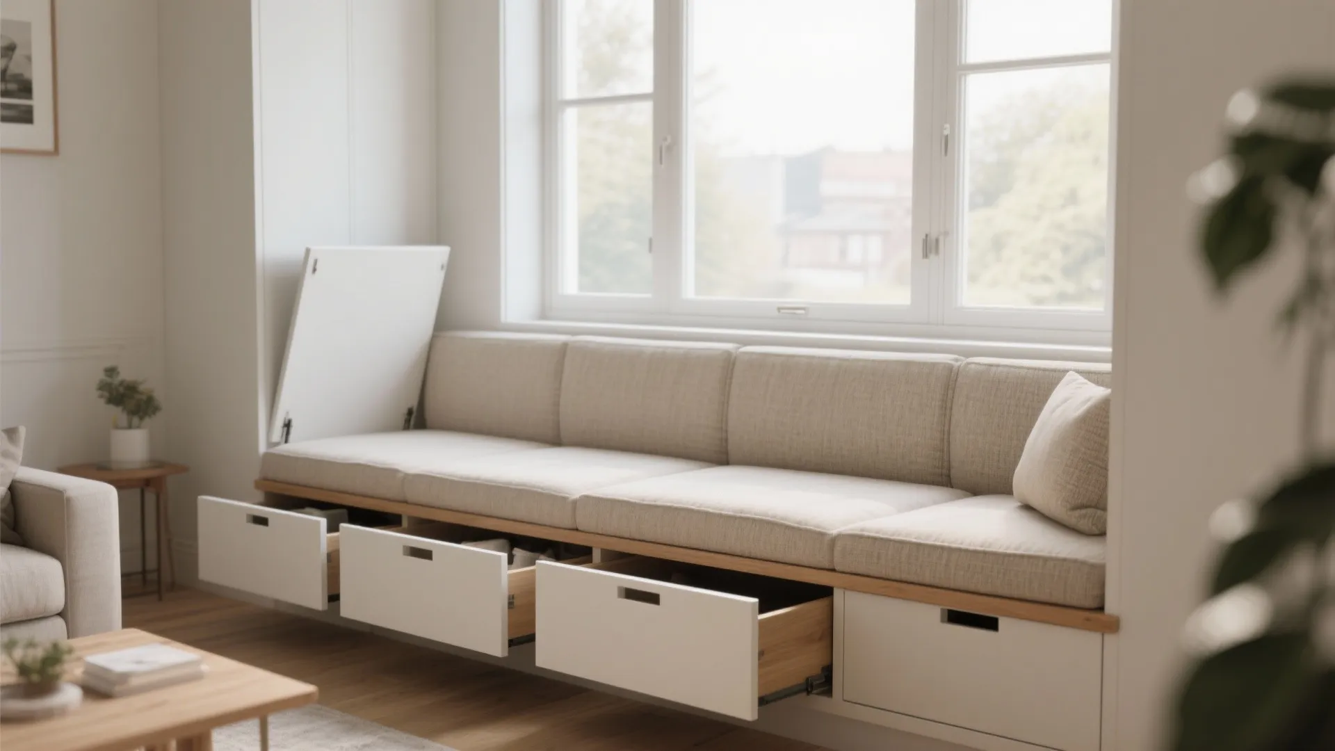 Custom window seat with beige cushions and white storage drawers pulled out on wooden floor