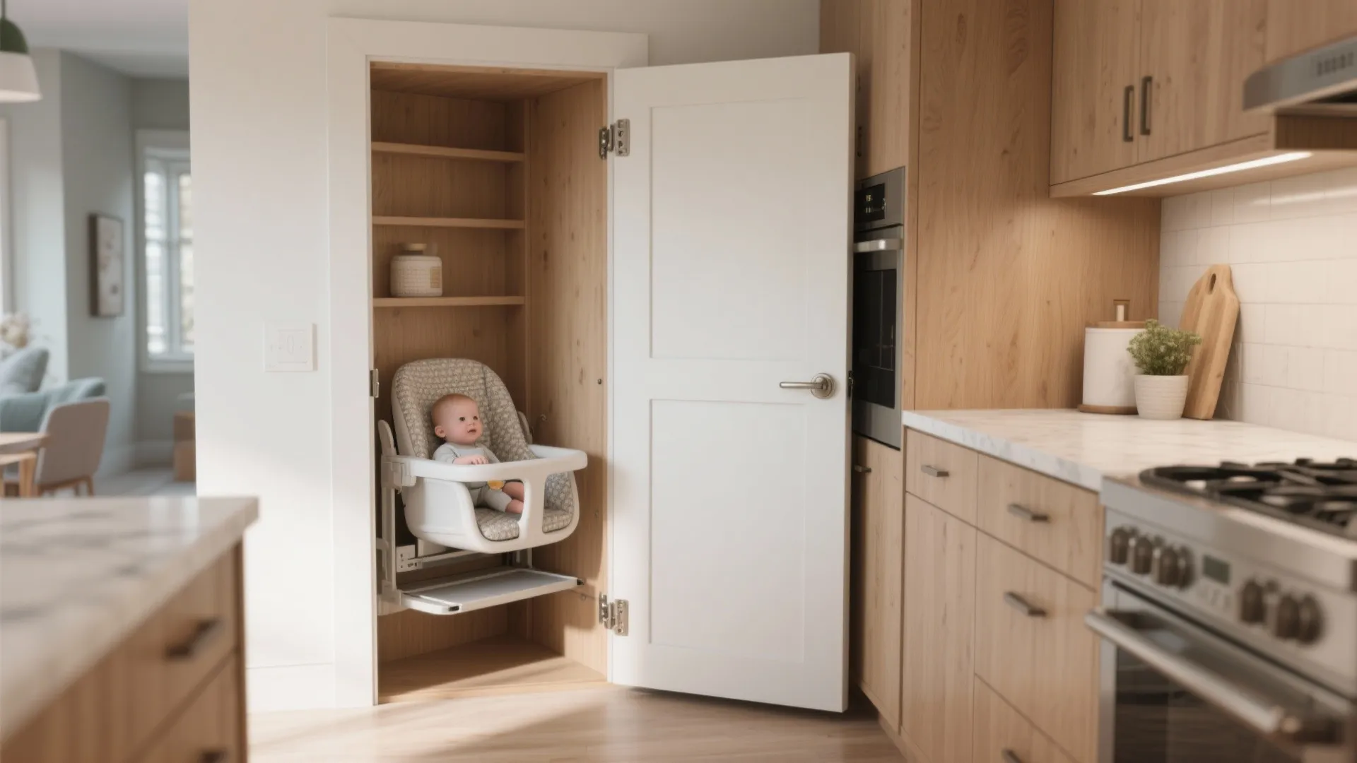 Built-in baby seat inside a kitchen cabinet with white doors and wooden shelves and counters