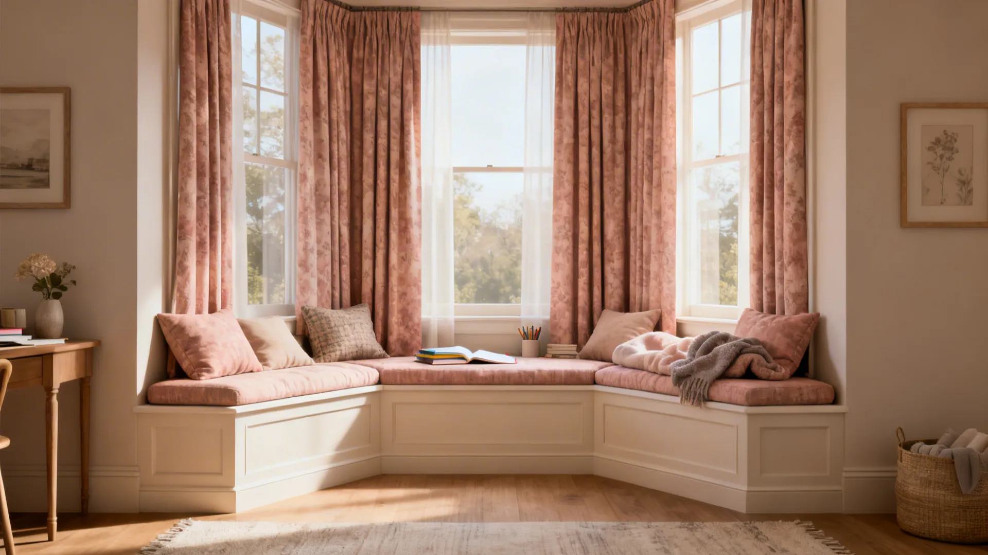Built-in bay seat with coordinated curtains that match the cushion fabric
