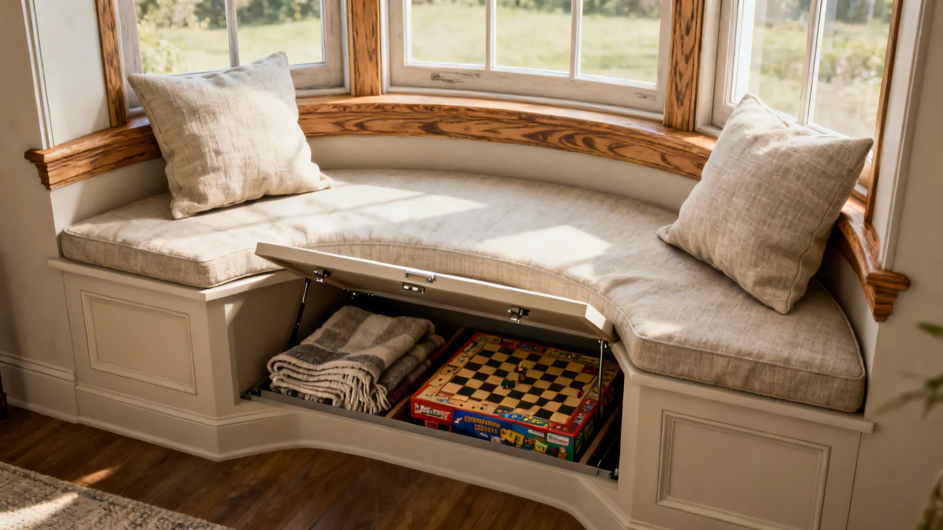 Curved window seat with cushions and open storage space showing blankets and a board game