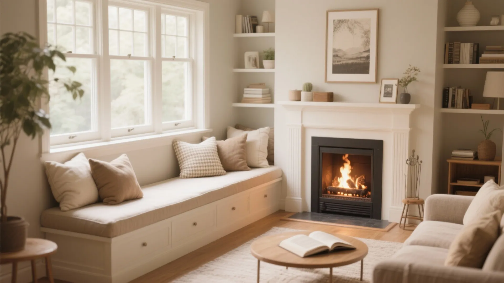 Cozy window seat with pillows next to a white fireplace in a bright living room