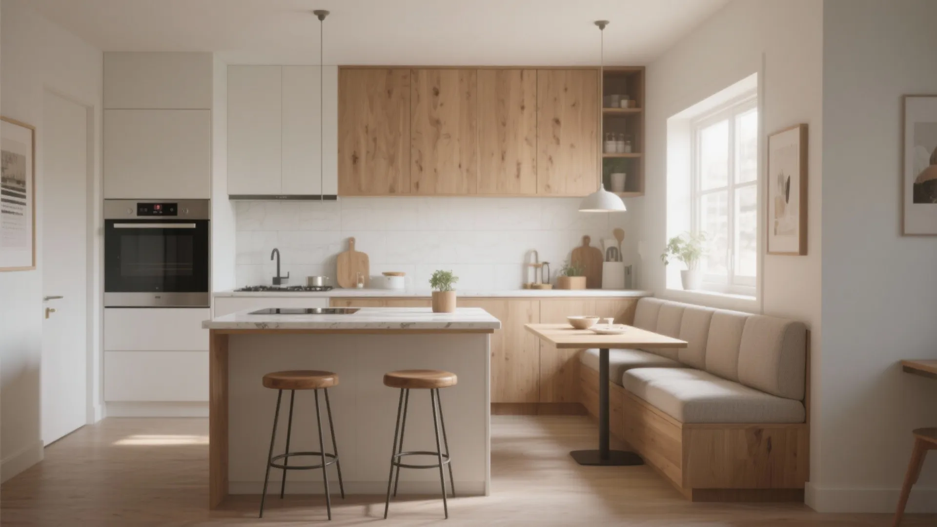 Modern kitchen with wood cabinets white marble island two bar stools and built in breakfast nook