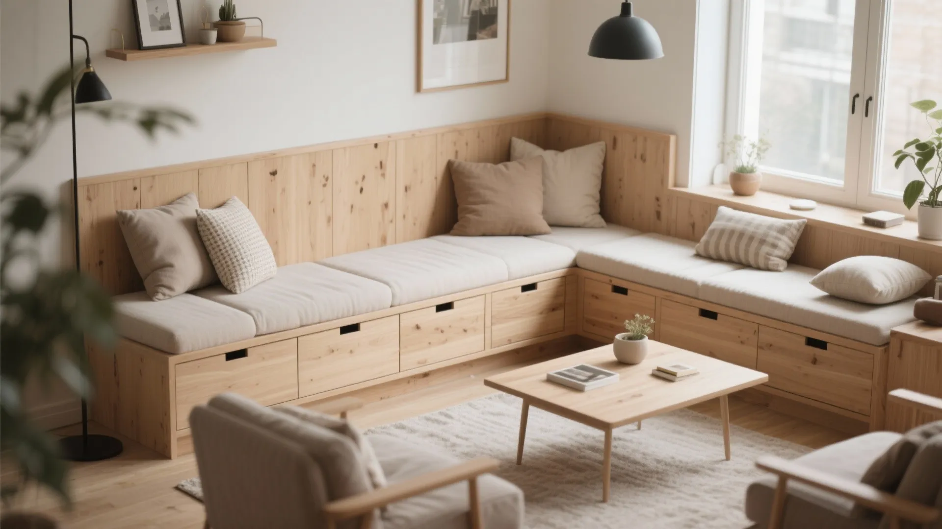 Custom wall bench with storage in a small living space