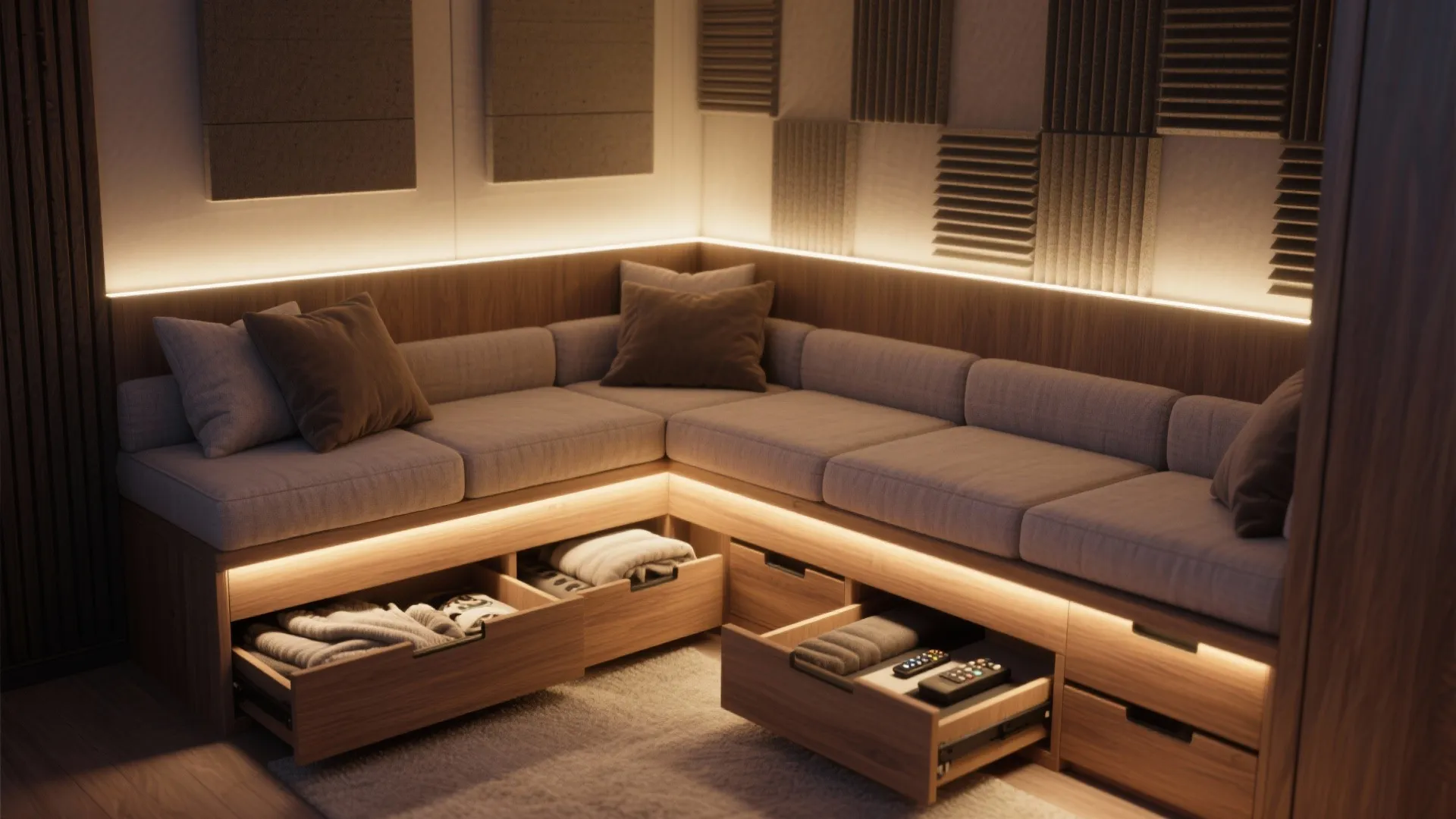 Modern built in corner sofa with wooden storage drawers under seat and warm led lights