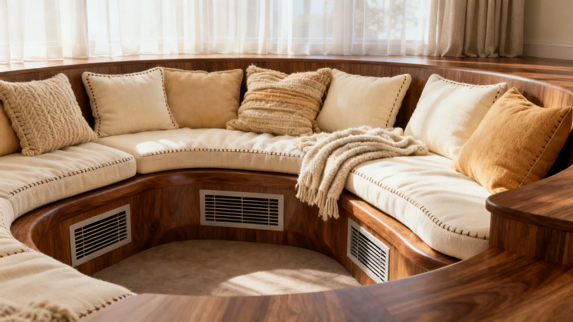 Cozy sunken conversation pit with built-in benches and removable cushions