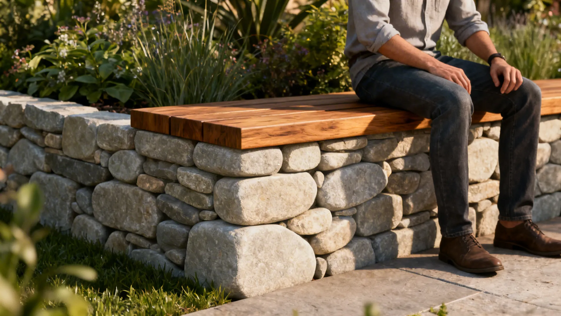 Person sitting on a wooden bench built into a stone wall in a sunny garden