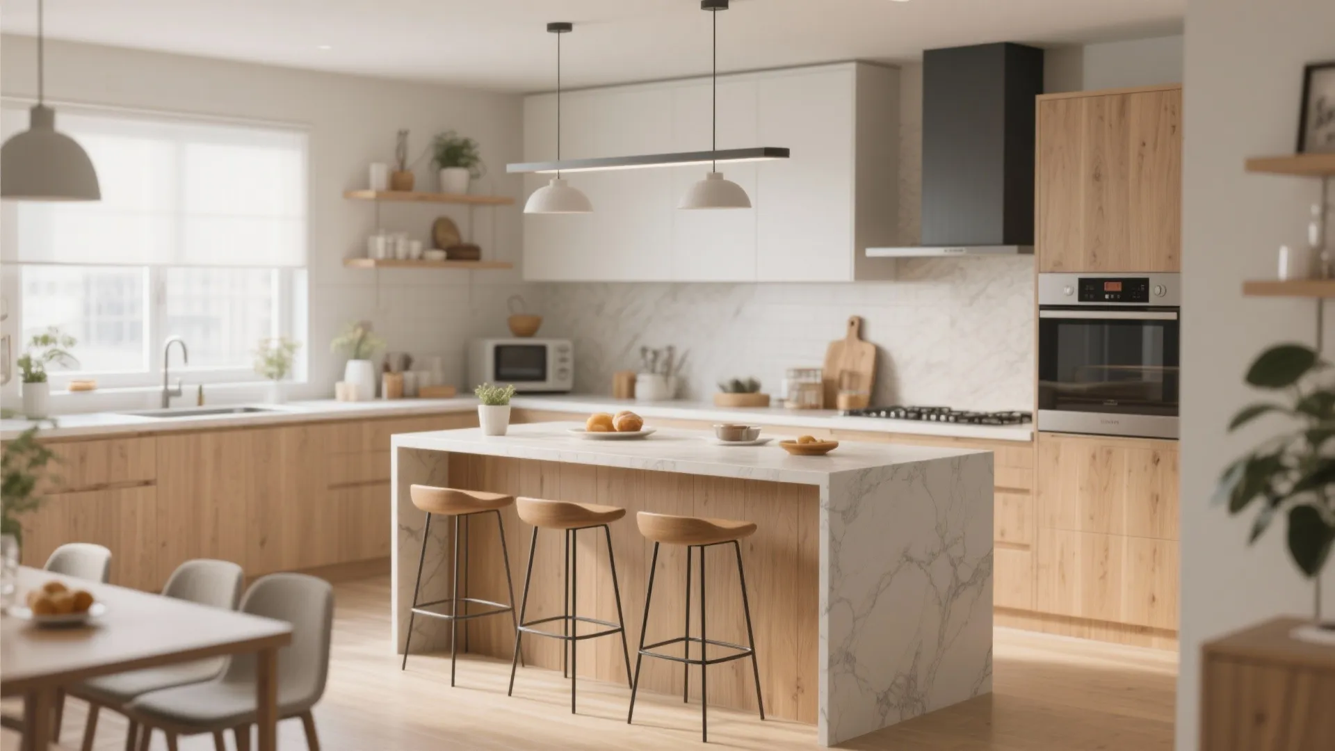 Modern kitchen island with built-in seating and bar stools