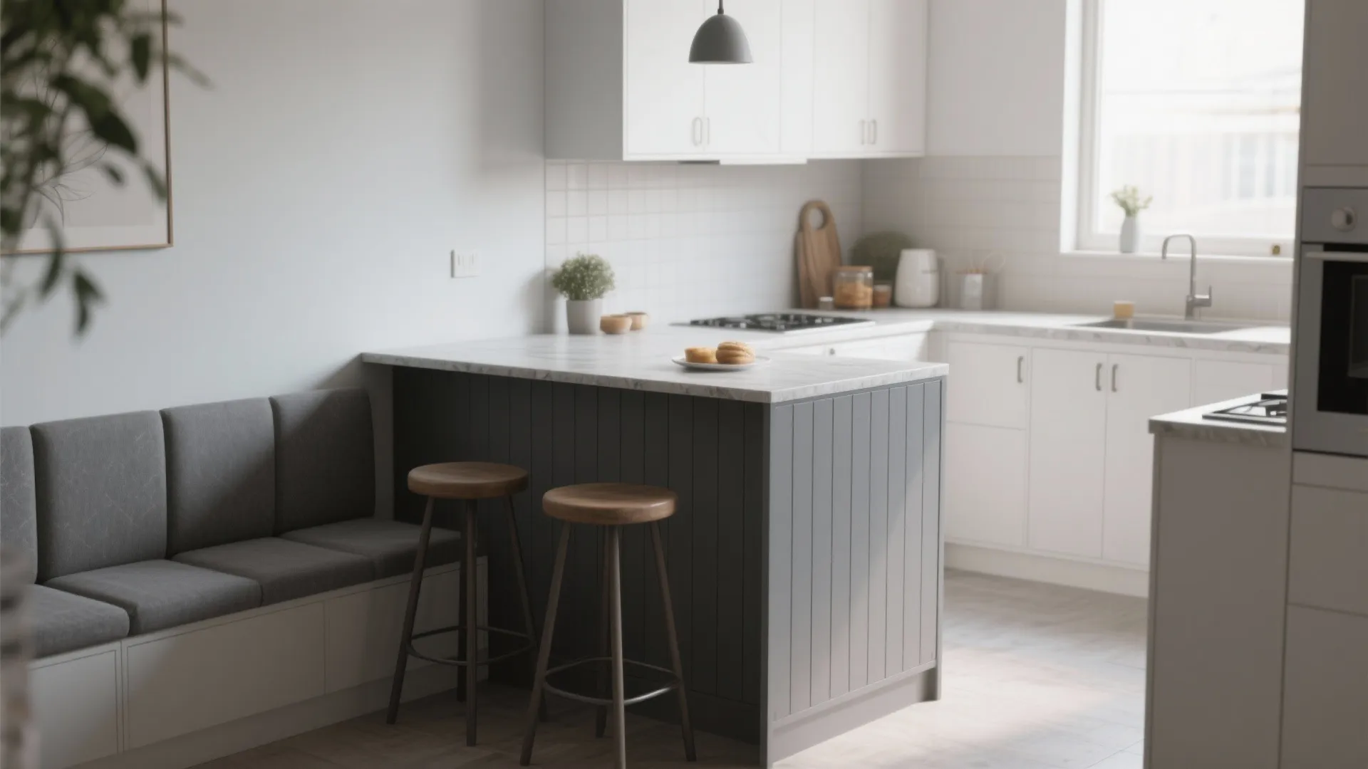 Modern kitchen with grey bench seating wooden stools marble island counter white cabinets and natural light