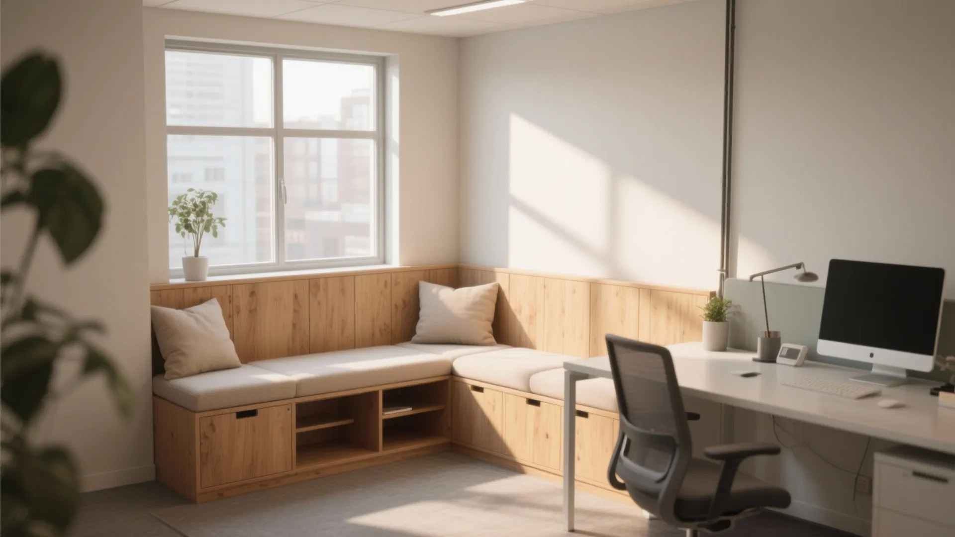 Modern office corner with wooden bench seating, white desk, computer, black chair, and natural window light