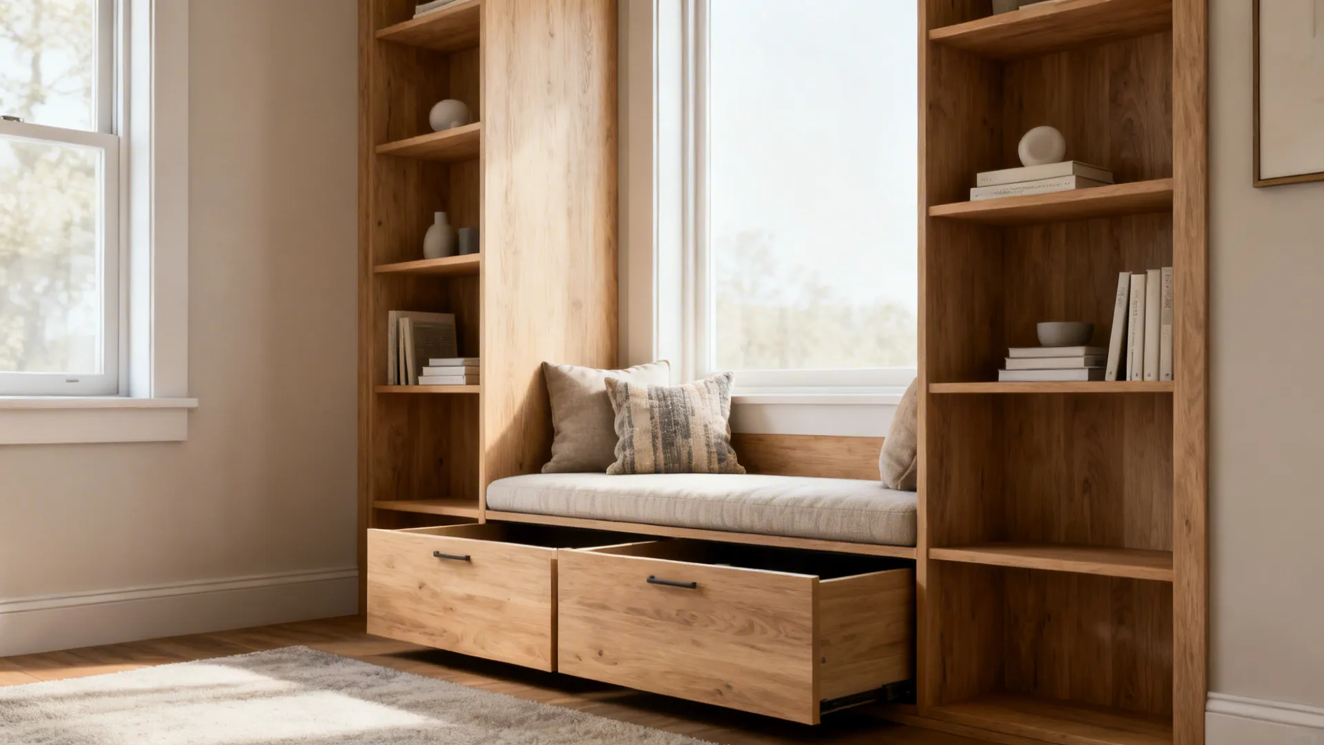 Built-in shelving with integrated bench seating and lower drawers for storage.